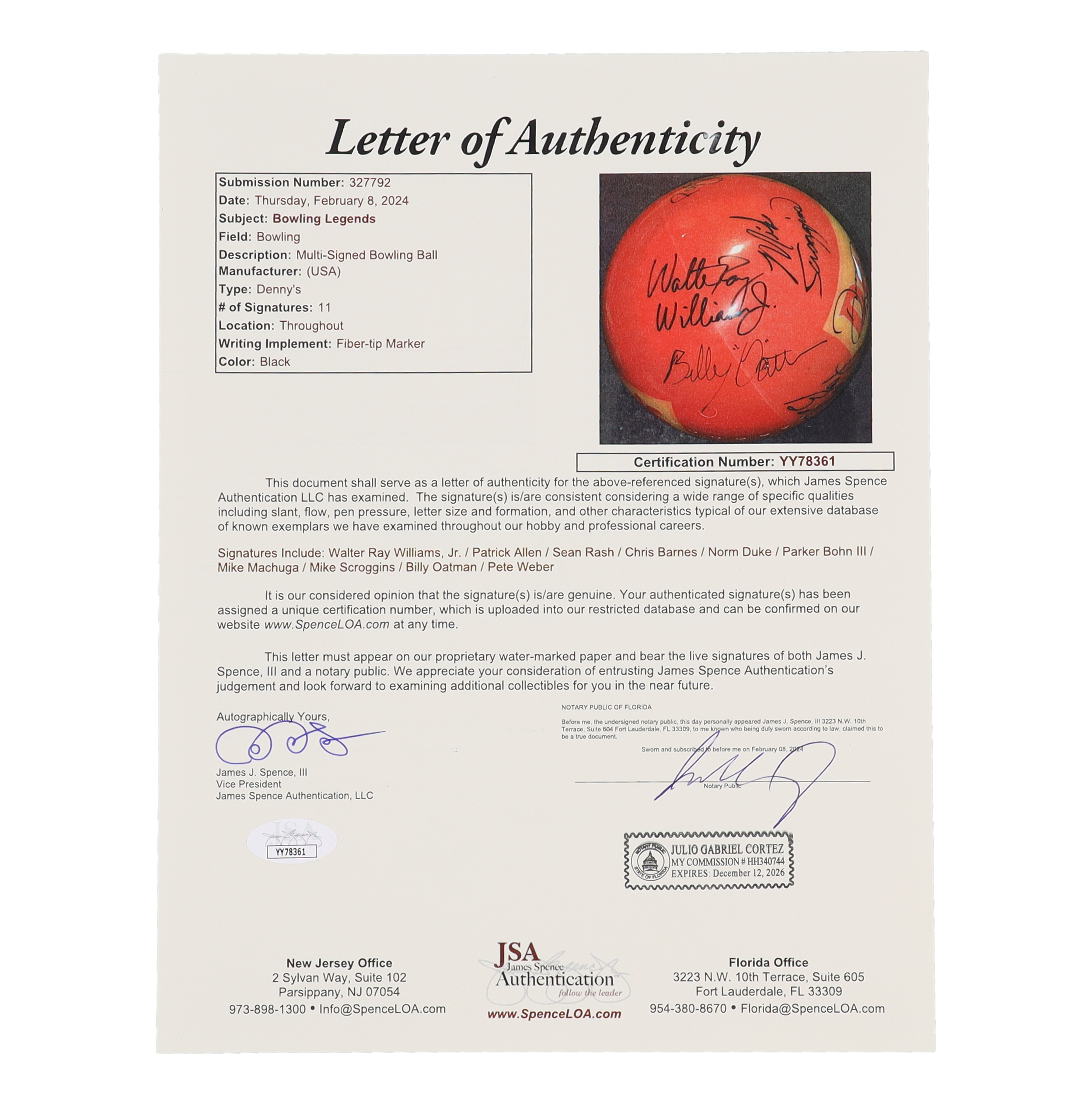 Sean Rash Ball Layout Bowling Legends Full-Sized Bowling Ball Signed by (11) with Walter Ray ...