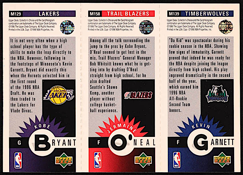 Kobe Bryant / Jermaine O'Neal / Kevin Garnett 1996-97 Collector's Choice Mini-Cards #M129 at PristineAuction.com Kobe Bryant / Jermaine O'Neal / Kevin Garnett 1996-97 Collector's Choice Mini-Cards #M129 at PristineAuction.com