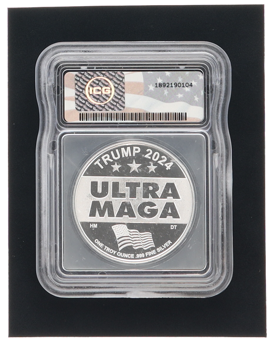 2024 Donald Trump "Return of the Great MAGA King" 1oz .999 Fine Silver Bullion Round (ICG BU DCAM) at PristineAuction.com 2024 Donald Trump "Return of the Great MAGA King" 1oz .999 Fine Silver Bullion Round (ICG BU DCAM) at PristineAuction.com