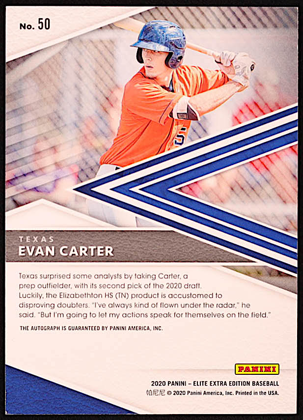 Evan Carter 2020 Elite Extra Edition Signatures #50 RC at PristineAuction.com Evan Carter 2020 Elite Extra Edition Signatures #50 RC at PristineAuction.com