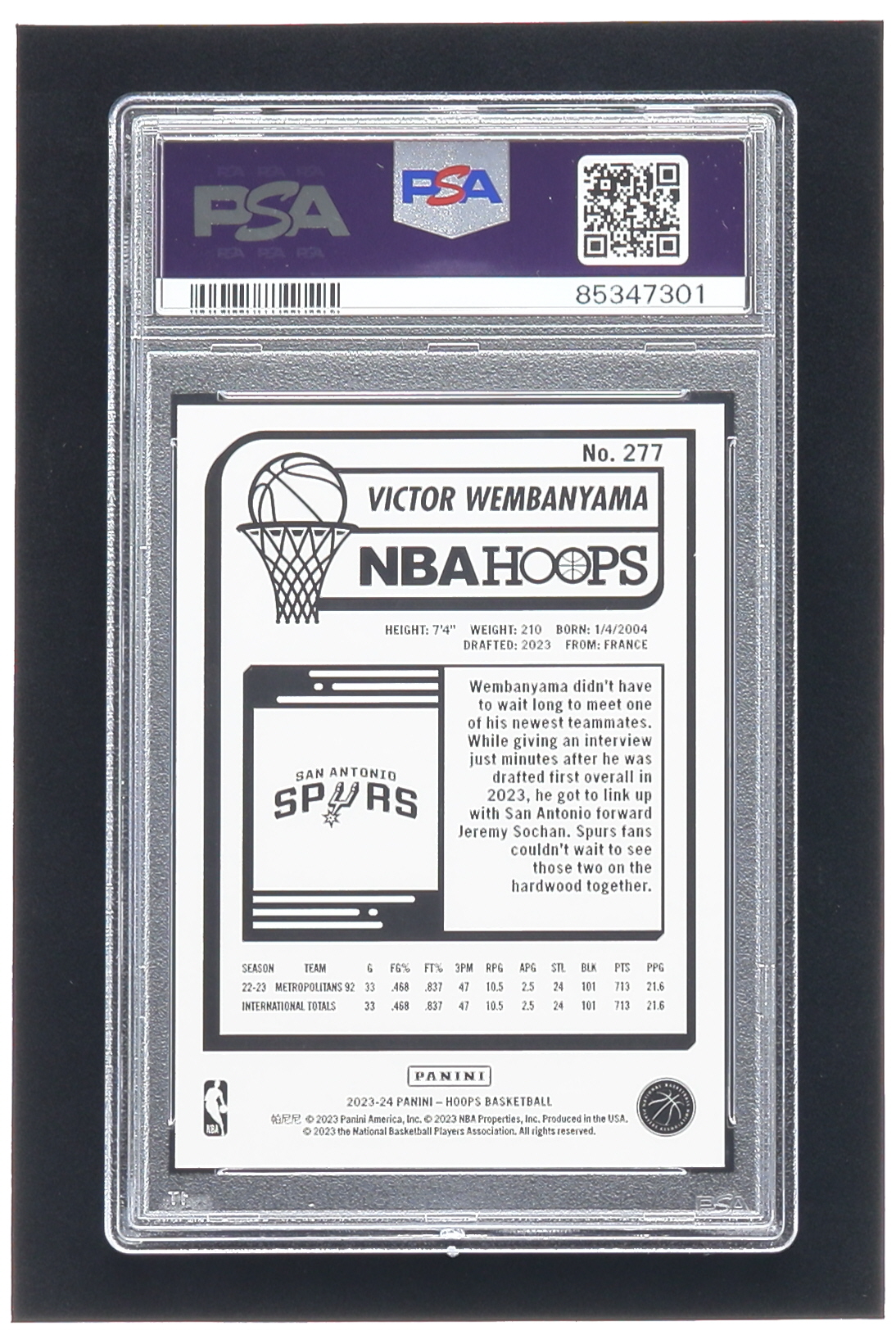 Victor Wembanyama 2023-24 Hoops #277 RC (PSA 10) at PristineAuction.com Victor Wembanyama 2023-24 Hoops #277 RC (PSA 10) at PristineAuction.com