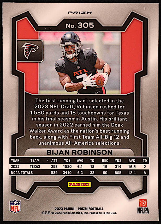 Bijan Robinson 2023 Panini Prizm Prizms Orange Lazer #305 RC at PristineAuction.com Bijan Robinson 2023 Panini Prizm Prizms Orange Lazer #305 RC at PristineAuction.com