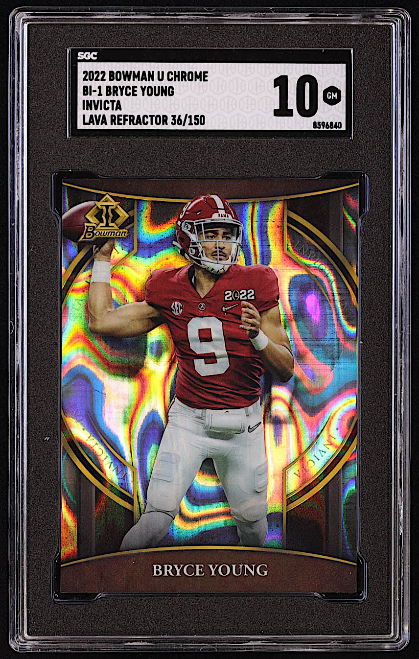 Bryce Young 2022 Bowman Chrome University Bowman Invicta Lava Refractors #BI1 #036/150 RC (SGC 10) at PristineAuction.com Bryce Young 2022 Bowman Chrome University Bowman Invicta Lava Refractors #BI1 #036/150 RC (SGC 10) at PristineAuction.com