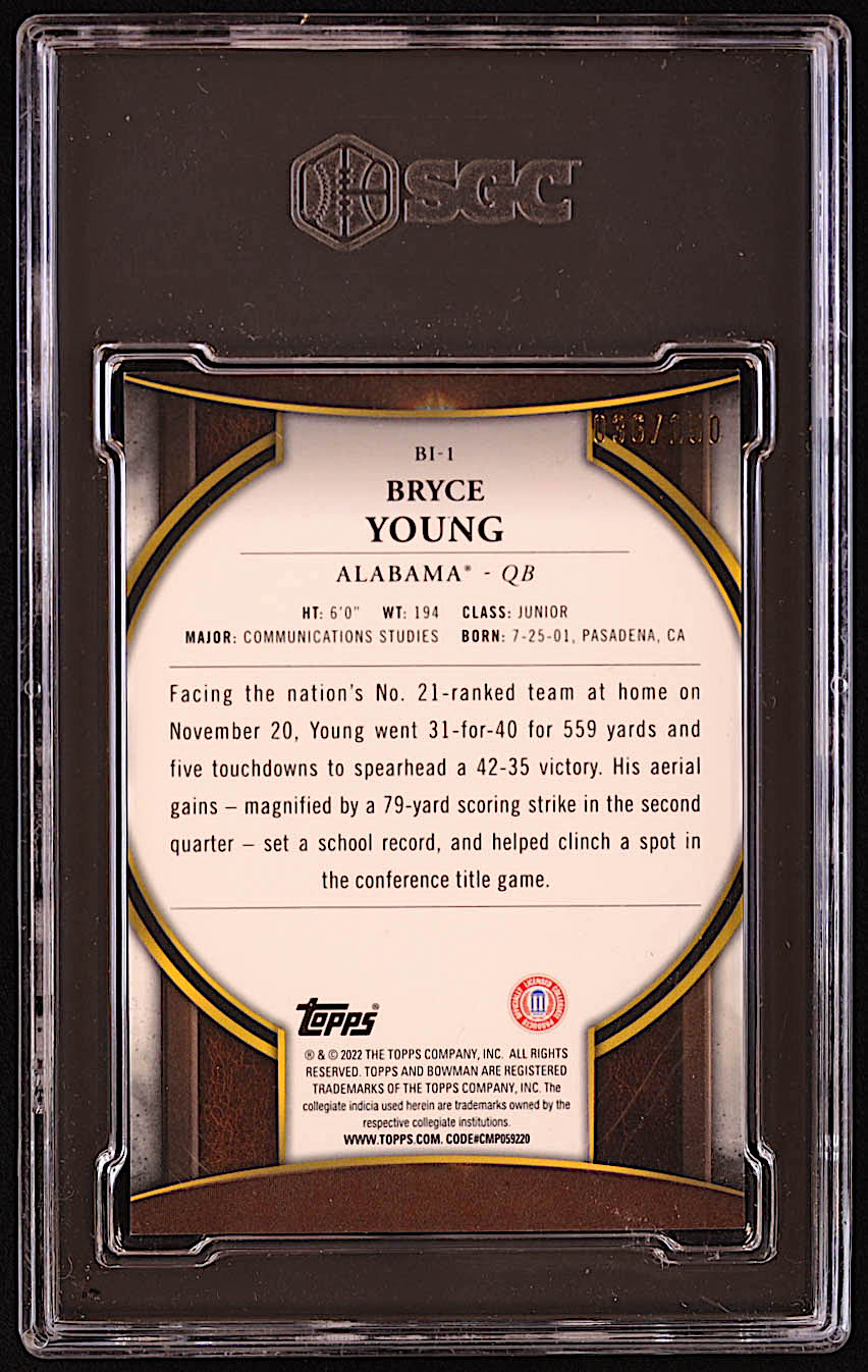 Bryce Young 2022 Bowman Chrome University Bowman Invicta Lava Refractors #BI1 #036/150 RC (SGC 10) at PristineAuction.com Bryce Young 2022 Bowman Chrome University Bowman Invicta Lava Refractors #BI1 #036/150 RC (SGC 10) at PristineAuction.com