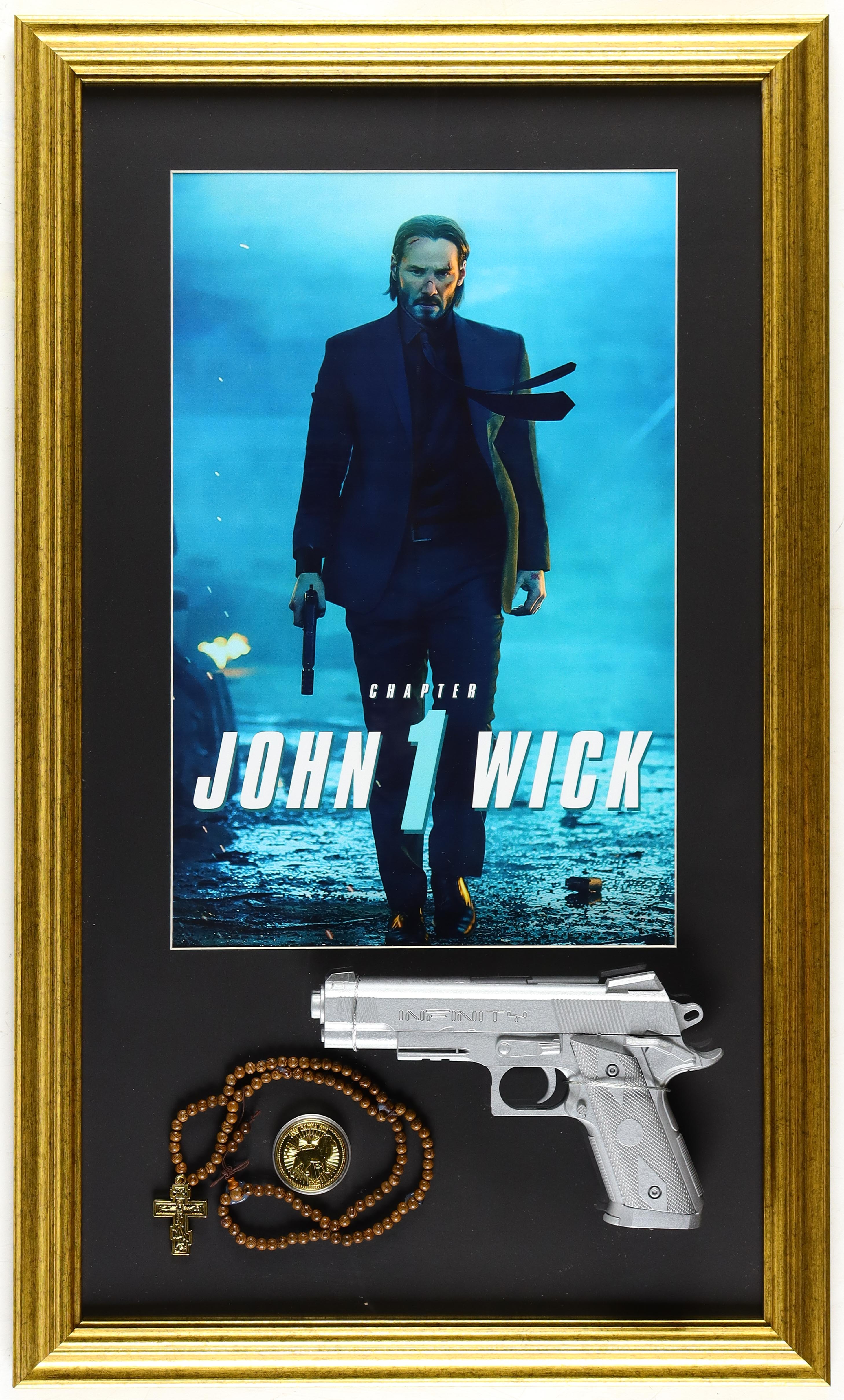 "John Wick Chapter 1" Custom Framed Movie Poster Display with Gold Coin, Rosary with Religious Cross & Pistol at PristineAuction.com "John Wick Chapter 1" Custom Framed Movie Poster Display with Gold Coin, Rosary with Religious Cross & Pistol at PristineAuction.com