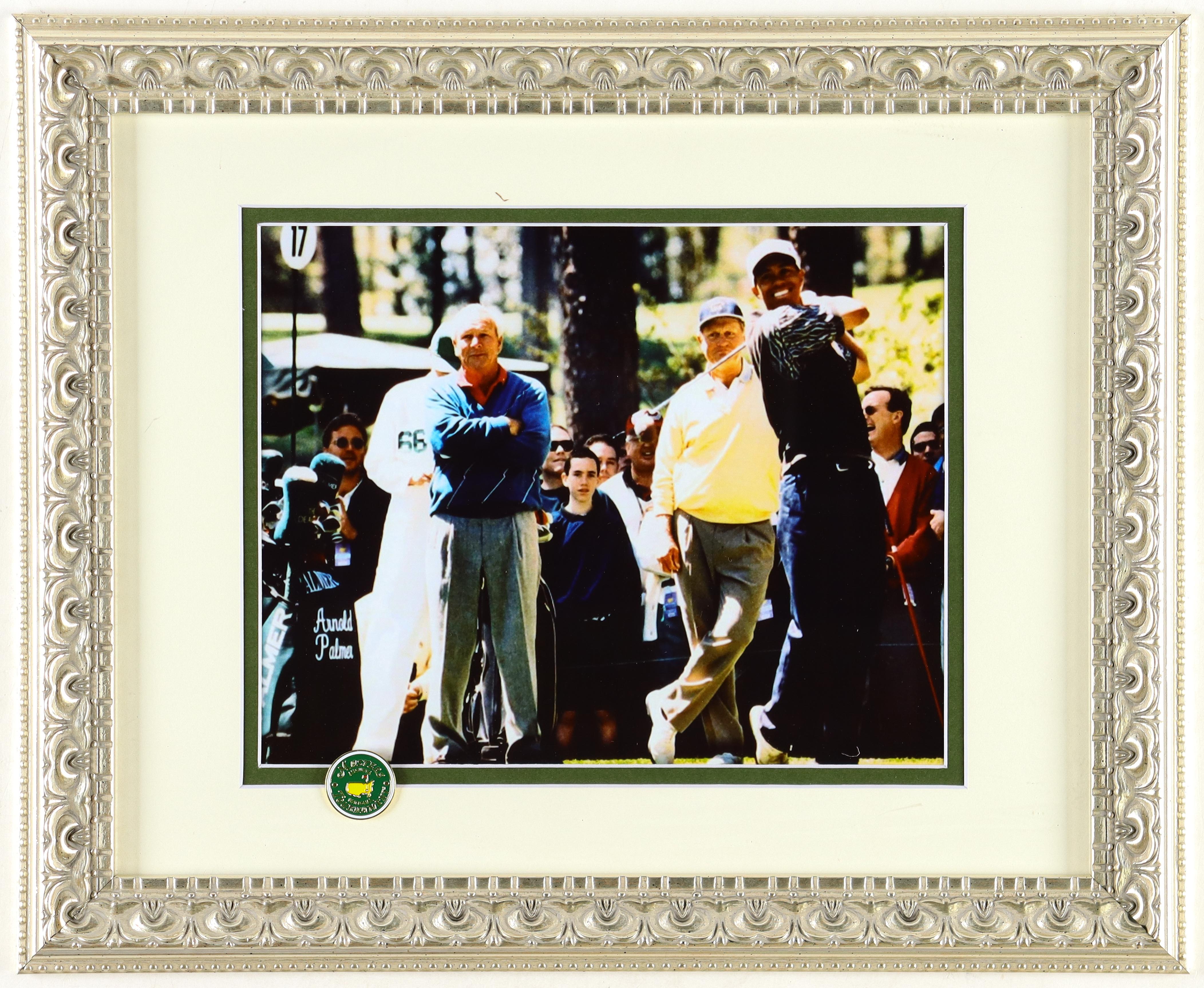 Tiger Woods, Arnold Palmer & Jack Nicklaus Custom Framed Photo Display with Official Masters Tournament Pin at PristineAuction.com Tiger Woods, Arnold Palmer & Jack Nicklaus Custom Framed Photo Display with Official Masters Tournament Pin at PristineAuction.com