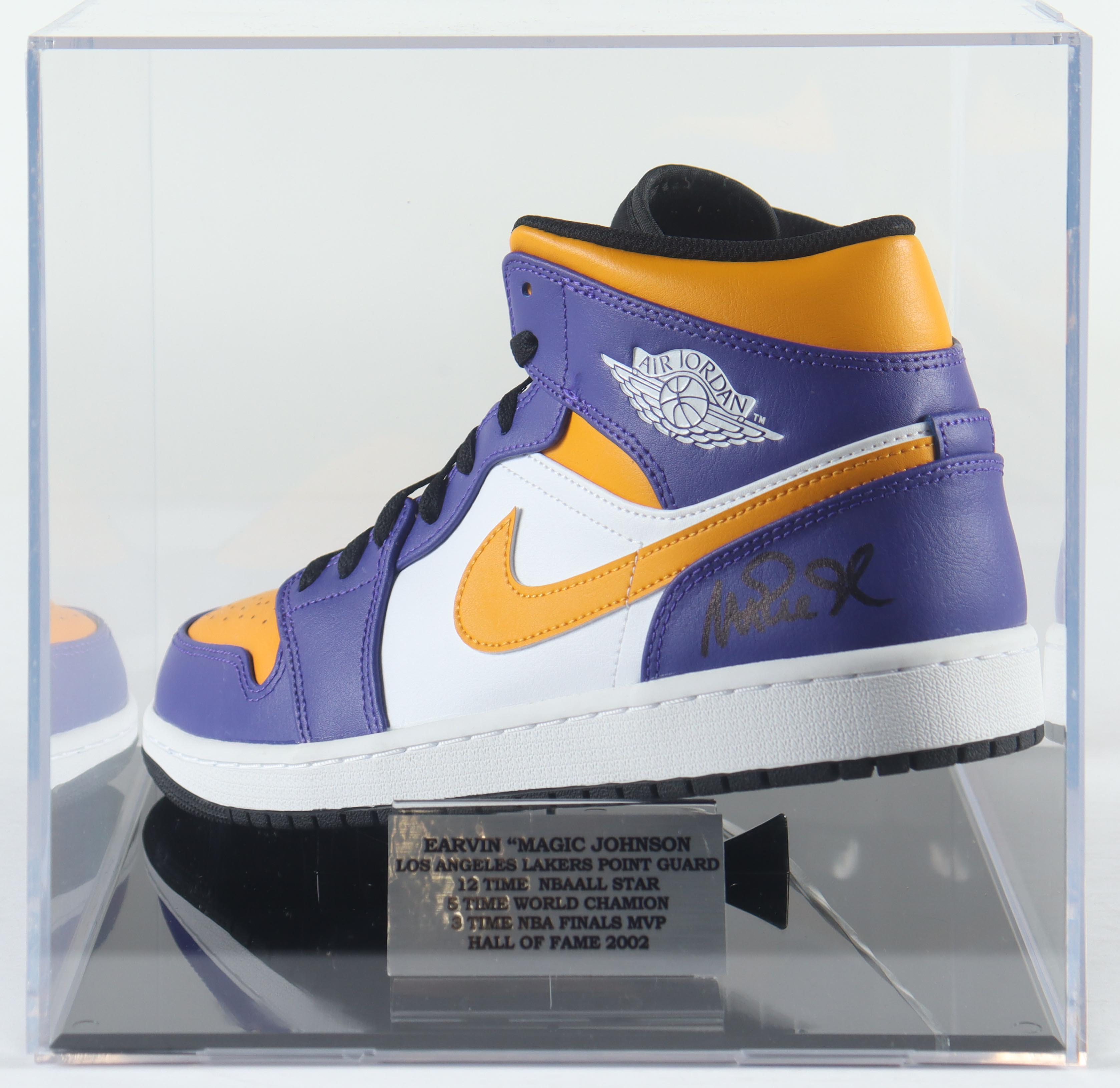 Magic Johnson Signed Nike Air Jordan Lakers Basketball Shoe In Display Case (Beckett) at PristineAuction.com Magic Johnson Signed Nike Air Jordan Lakers Basketball Shoe In Display Case (Beckett) at PristineAuction.com