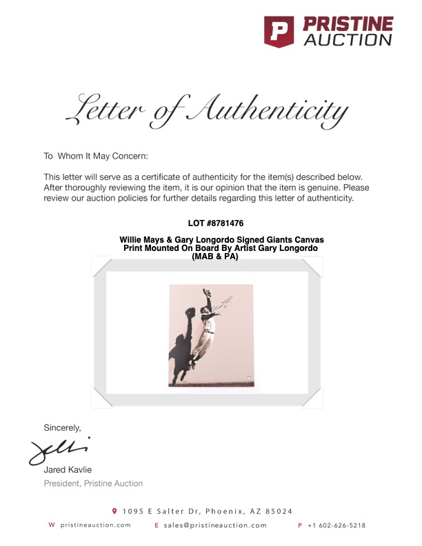 Willie Mays & Gary Longordo Signed Giants Original PaInting on Canvas Mounted On Board By Artist Gary Longordo (MAB & PA) at PristineAuction.com Willie Mays & Gary Longordo Signed Giants Original PaInting on Canvas Mounted On Board By Artist Gary Longordo (MAB & PA) at PristineAuction.com