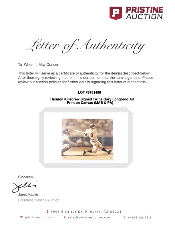 Harmon Killebrew Signed Twins Gary Longordo Art Print on Canvas (MAB & PA) at PristineAuction.com Harmon Killebrew Signed Twins Gary Longordo Art Print on Canvas (MAB & PA) at PristineAuction.com