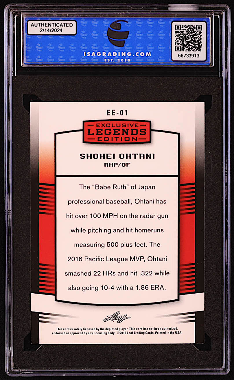 Shohei Ohtani 2018 Leaf Ohtani Legends Exclusive Edition #EE01 RC (ISA 10) at PristineAuction.com Shohei Ohtani 2018 Leaf Ohtani Legends Exclusive Edition #EE01 RC (ISA 10) at PristineAuction.com