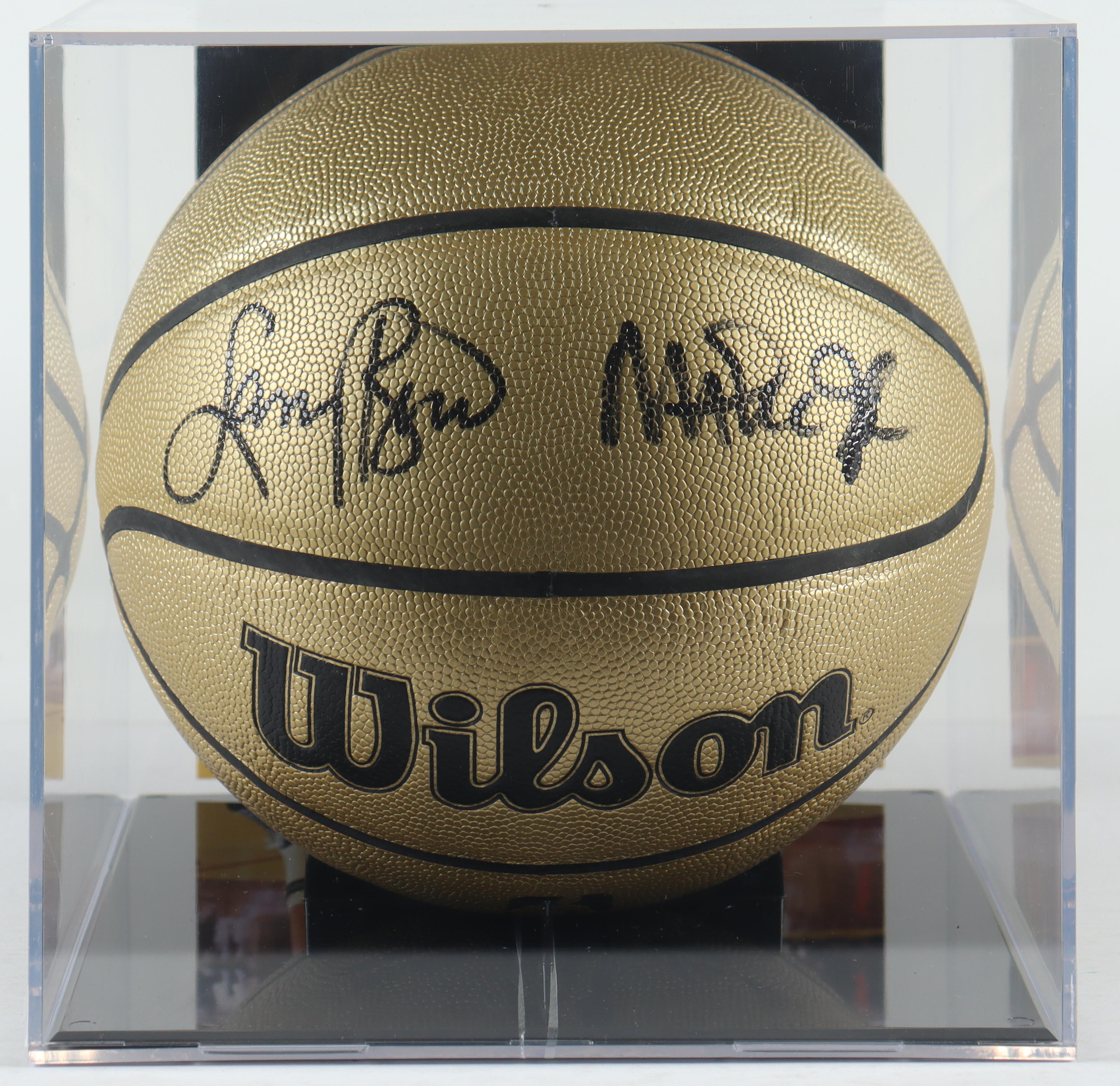 Larry Bird & Magic Johnson Signed Gold NBA Basketball With Acrylic Display Case (PSA & Beckett) at PristineAuction.com Larry Bird & Magic Johnson Signed Gold NBA Basketball With Acrylic Display Case (PSA & Beckett) at PristineAuction.com