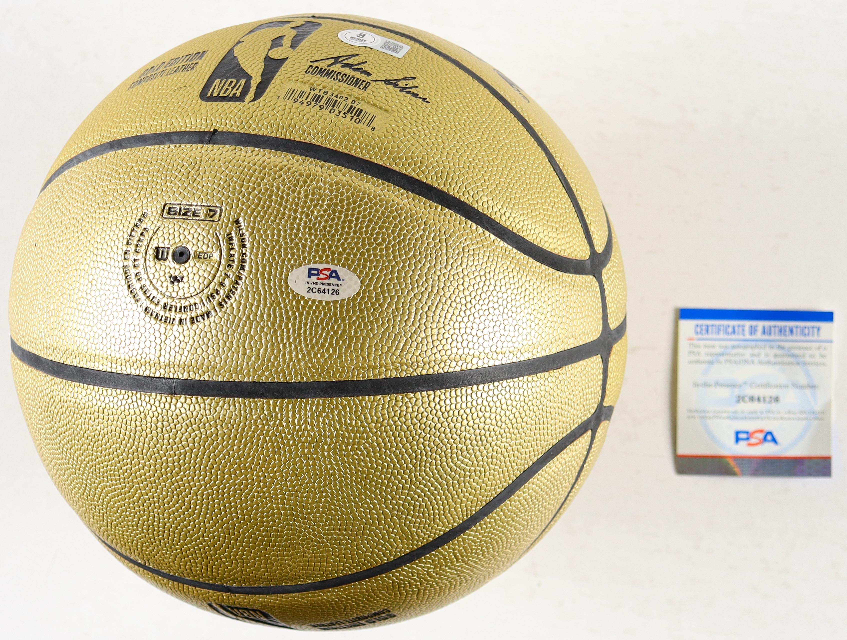 Larry Bird & Magic Johnson Signed Gold NBA Basketball With Acrylic Display Case (PSA & Beckett) at PristineAuction.com Larry Bird & Magic Johnson Signed Gold NBA Basketball With Acrylic Display Case (PSA & Beckett) at PristineAuction.com