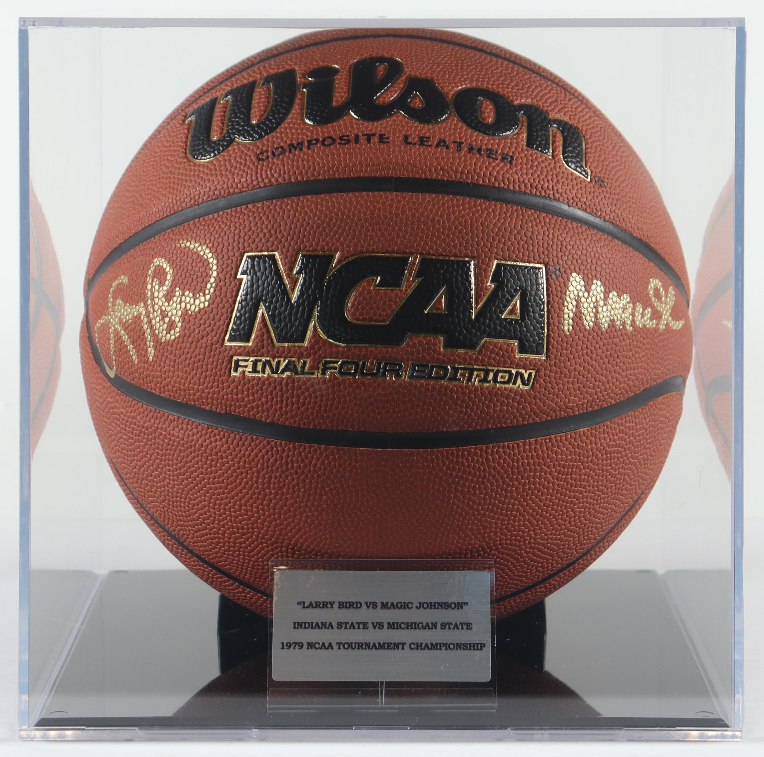 Larry Bird & Magic Johnson Signed NCAA Final Four Basketball With Acrylic Display Case (PSA & Beckett) at PristineAuction.com Larry Bird & Magic Johnson Signed NCAA Final Four Basketball With Acrylic Display Case (PSA & Beckett) at PristineAuction.com