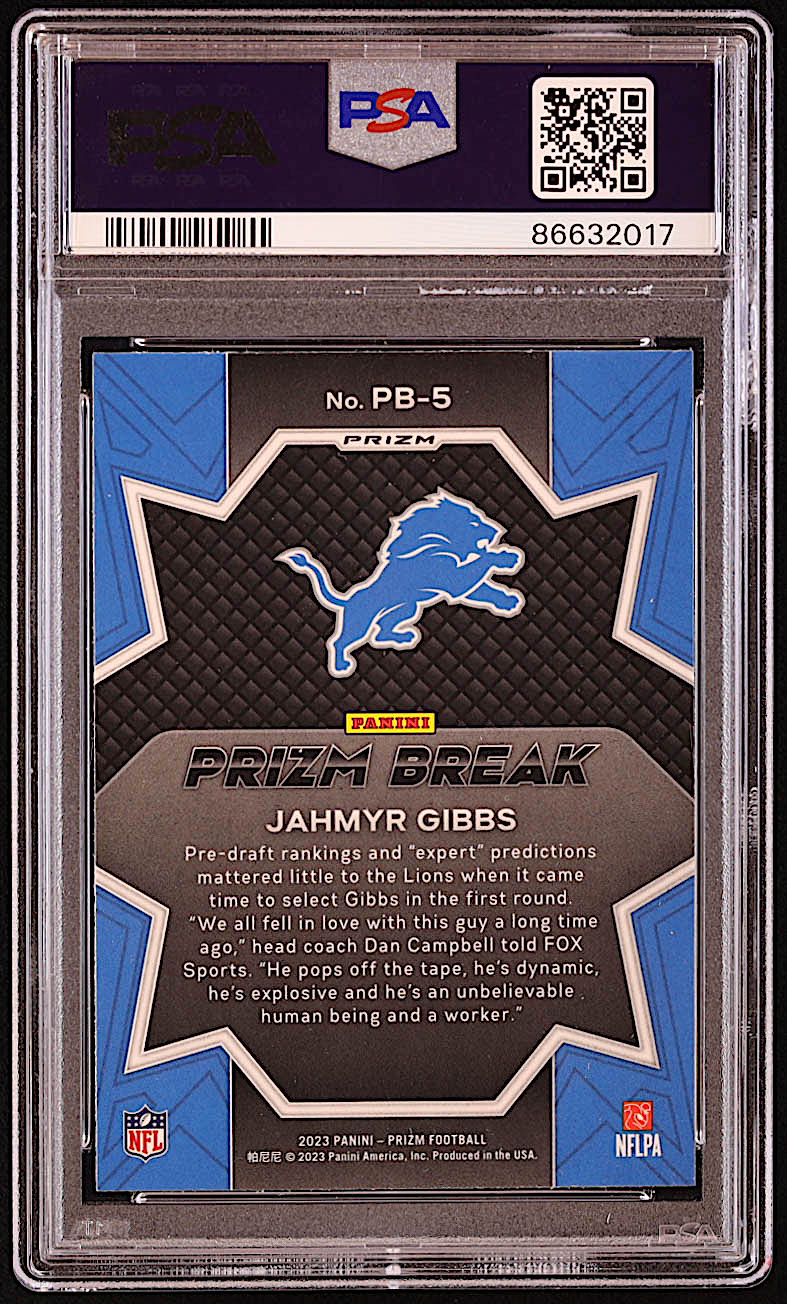 Jahmyr Gibbs 2023 Panini Prizm Prizm Break Prizms Green Ice #5 RC (PSA 10) at PristineAuction.com Jahmyr Gibbs 2023 Panini Prizm Prizm Break Prizms Green Ice #5 RC (PSA 10) at PristineAuction.com
