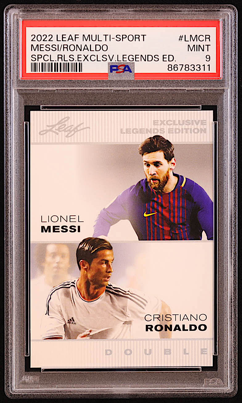 Lionel Messi / Cristiano Ronaldo 2022 Leaf Special Release Exclusive Legends Edition Double #LMCR (PSA 9) at PristineAuction.com Lionel Messi / Cristiano Ronaldo 2022 Leaf Special Release Exclusive Legends Edition Double #LMCR (PSA 9) at PristineAuction.com