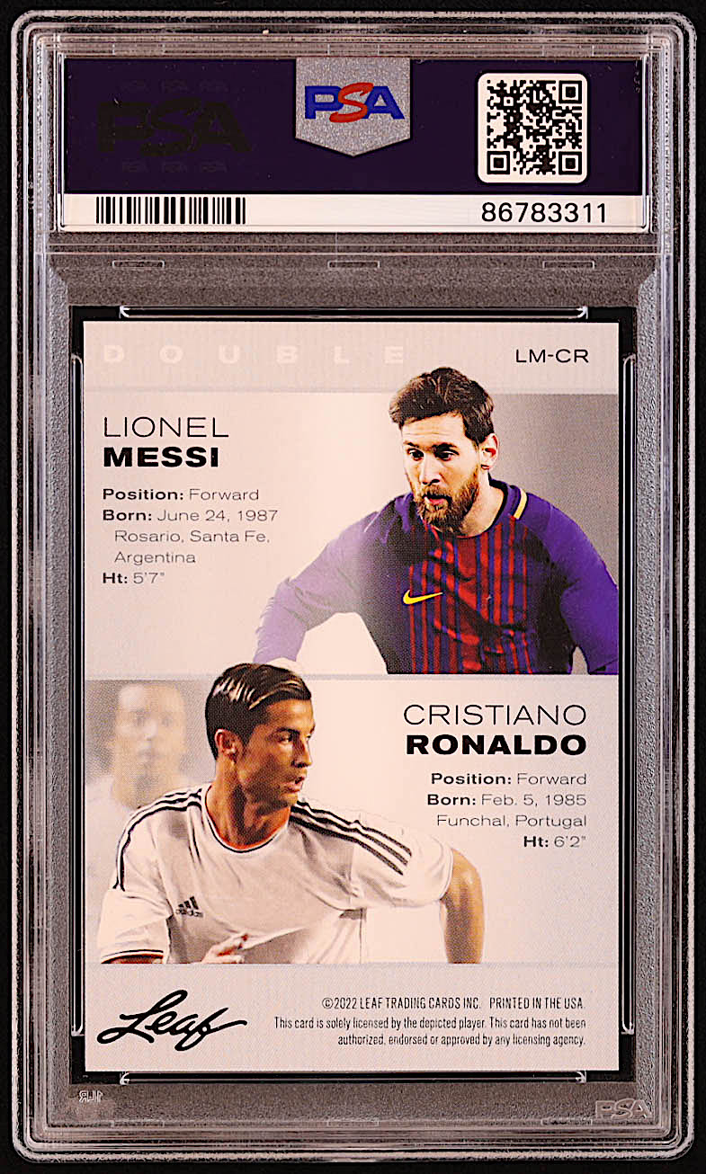 Lionel Messi / Cristiano Ronaldo 2022 Leaf Special Release Exclusive Legends Edition Double #LMCR (PSA 9) at PristineAuction.com Lionel Messi / Cristiano Ronaldo 2022 Leaf Special Release Exclusive Legends Edition Double #LMCR (PSA 9) at PristineAuction.com