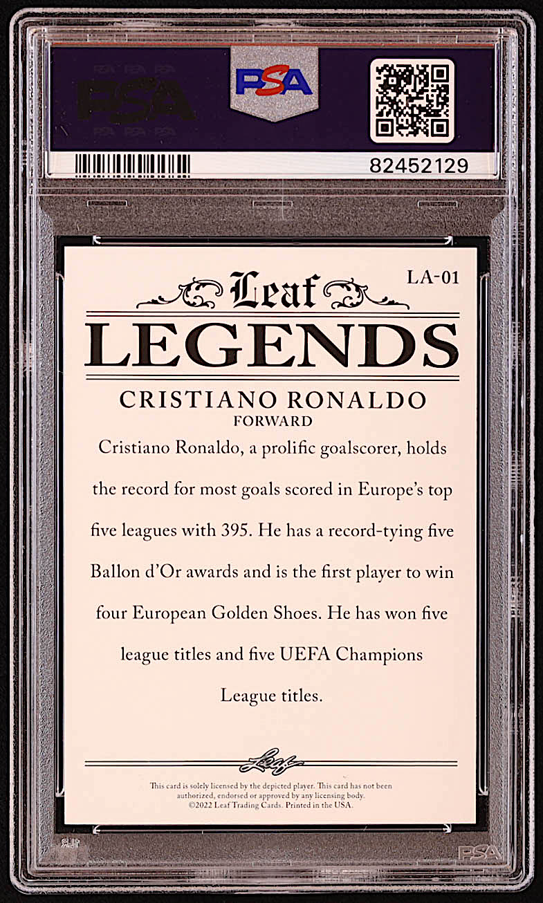 Cristiano Ronaldo 2022 Leaf Special Release Legends Achievement Gold #LA01 #/25 (PSA 10) at PristineAuction.com Cristiano Ronaldo 2022 Leaf Special Release Legends Achievement Gold #LA01 #/25 (PSA 10) at PristineAuction.com