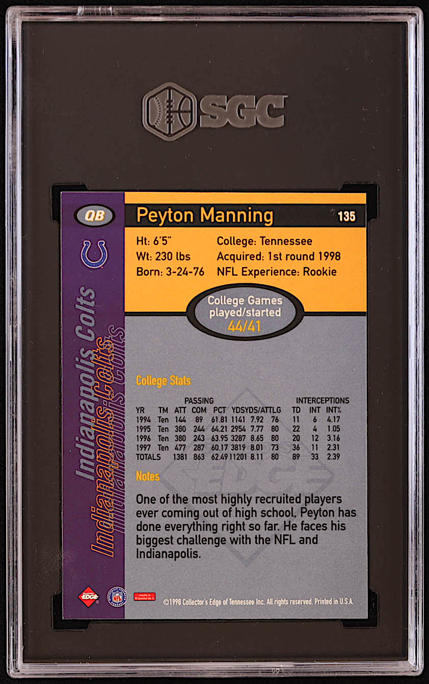 Peyton Manning 1998 Collector's Edge First Place #135 RC (SGC 10) at PristineAuction.com Peyton Manning 1998 Collector's Edge First Place #135 RC (SGC 10) at PristineAuction.com