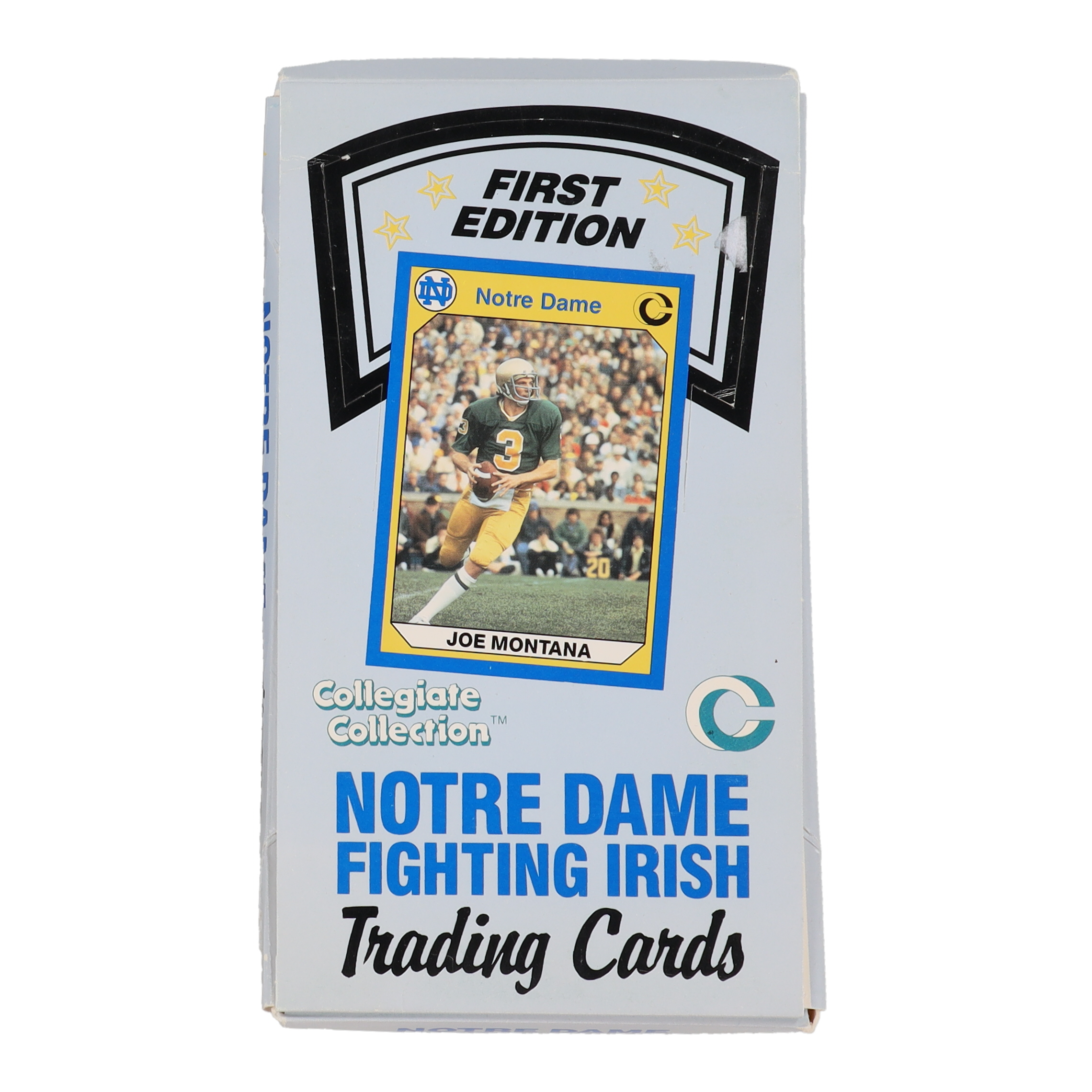 1990 Collegiate Collection Notre Dame Fighting Irish All-Time Greats 1st Edition Football Wax Box with (36) Packs at PristineAuction.com 1990 Collegiate Collection Notre Dame Fighting Irish All-Time Greats 1st Edition Football Wax Box with (36) Packs at PristineAuction.com