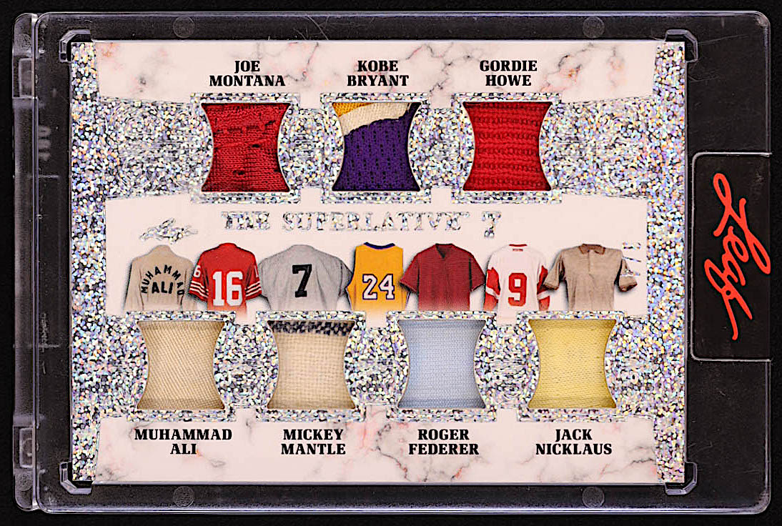 Joe Montana / Kobe Bryant / Gordie Howe / Muhammad Ali / Mickey Mantle / Roger Federer / Jack Nicklaus 2023 Leaf Superlative The Superlative 7 Memorabilia Silver Sparkle #TS71 #3/4 at PristineAuction.com Joe Montana / Kobe Bryant / Gordie Howe / Muhammad Ali / Mickey Mantle / Roger Federer / Jack Nicklaus 2023 Leaf Superlative The Superlative 7 Memorabilia Silver Sparkle #TS71 #3/4 at PristineAuction.com