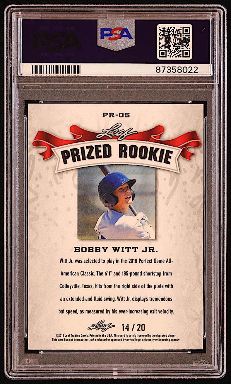 Bobby Witt Jr. 2019 Leaf Special Release Prized Rookie Blue #PR05 RC #/20 (PSA 10) at PristineAuction.com Bobby Witt Jr. 2019 Leaf Special Release Prized Rookie Blue #PR05 RC #/20 (PSA 10) at PristineAuction.com