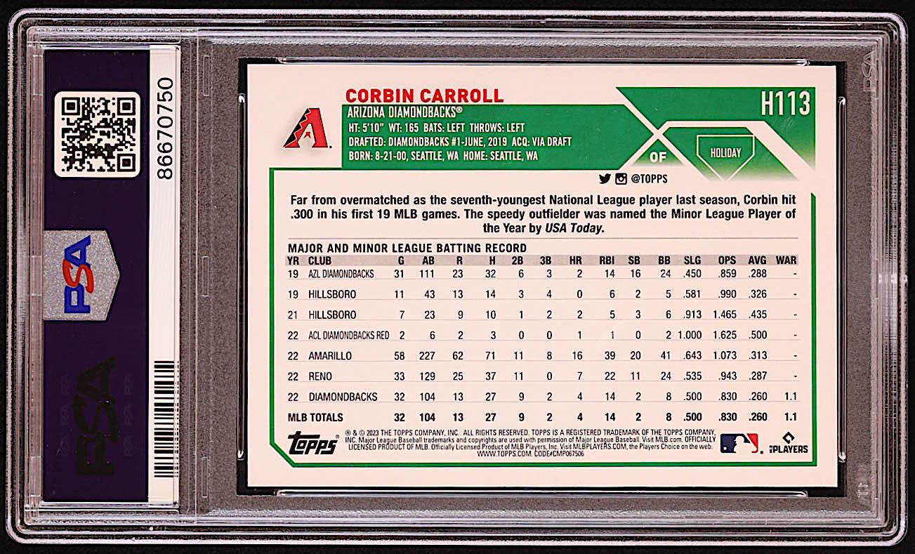 Corbin Carroll 2023 Topps Holiday #H113 RC (PSA 10) at PristineAuction.com Corbin Carroll 2023 Topps Holiday #H113 RC (PSA 10) at PristineAuction.com