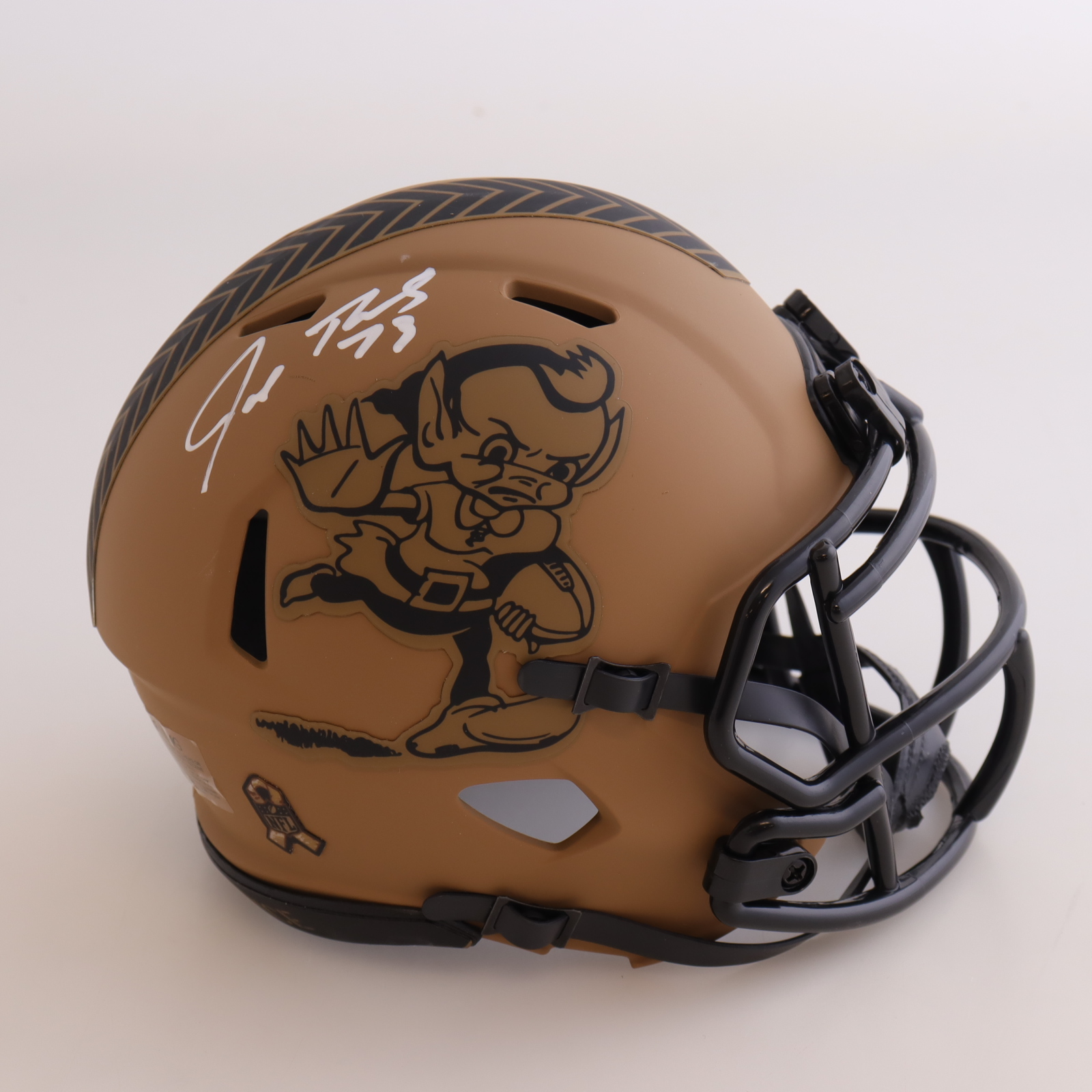 Joe Thomas Signed Browns Salute to Service Alternate Speed Mini Helmet (Schwartz) at PristineAuction.com Joe Thomas Signed Browns Salute to Service Alternate Speed Mini Helmet (Schwartz) at PristineAuction.com