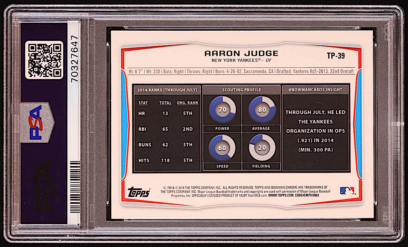 Aaron Judge 2014 Bowman Draft Top Prospects #TP39 RC (PSA 10) at PristineAuction.com Aaron Judge 2014 Bowman Draft Top Prospects #TP39 RC (PSA 10) at PristineAuction.com