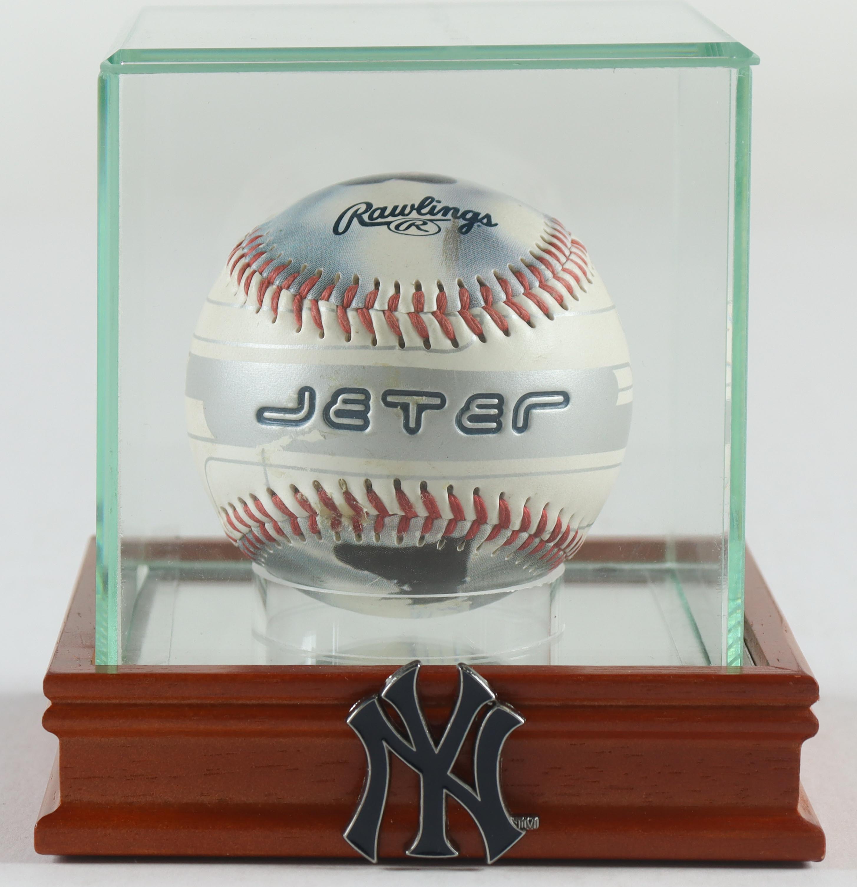 Derek Jeter Commemorative Yankees Baseball in Wood & Glass Yankees Logo Display Case at PristineAuction.com Derek Jeter Commemorative Yankees Baseball in Wood & Glass Yankees Logo Display Case at PristineAuction.com