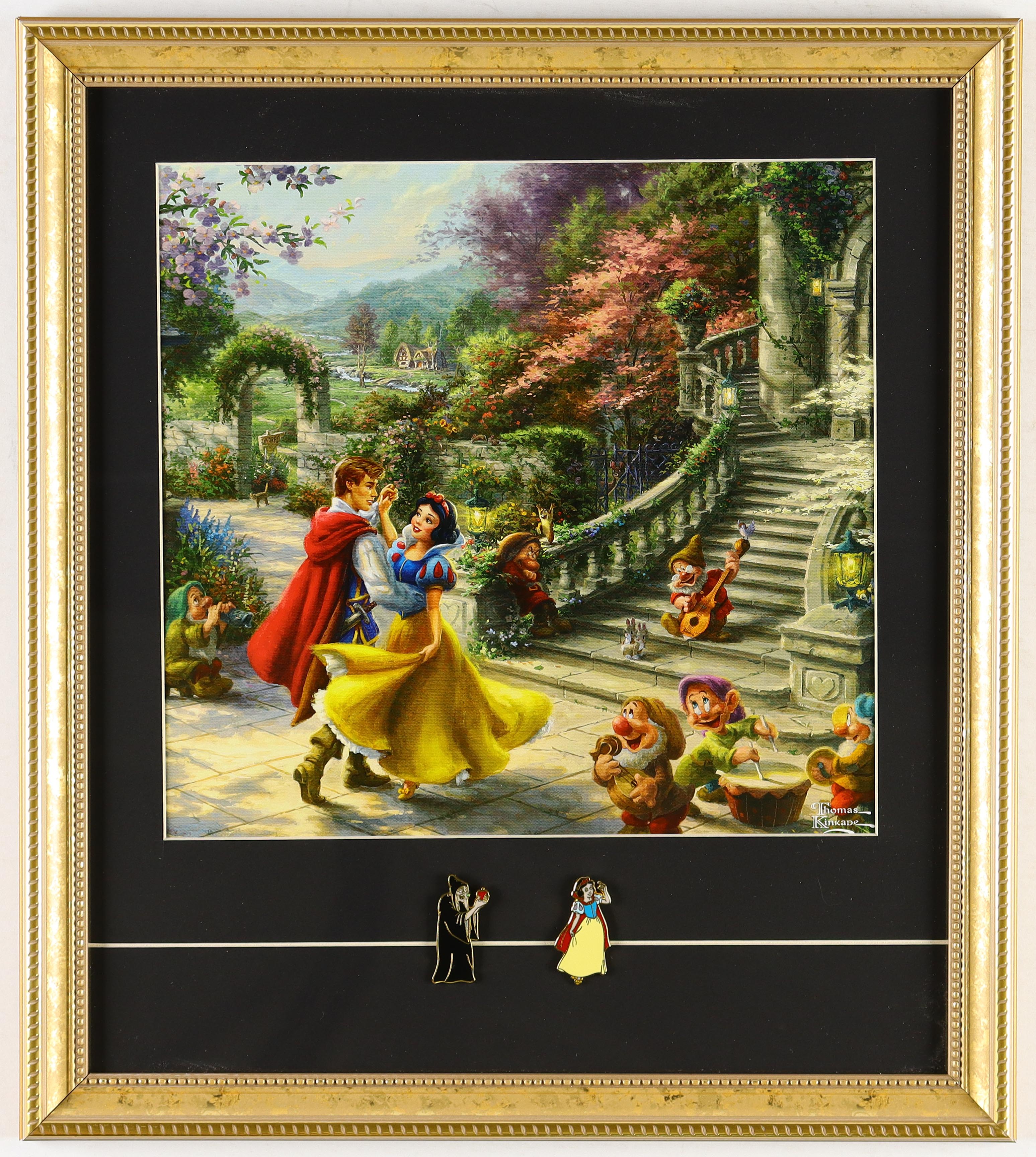 Thomas Kinkade "Snow Whites Cottage" Custom Framed Print Display with Disney Princess Snow White & Evil Queen Pins at PristineAuction.com Thomas Kinkade "Snow Whites Cottage" Custom Framed Print Display with Disney Princess Snow White & Evil Queen Pins at PristineAuction.com