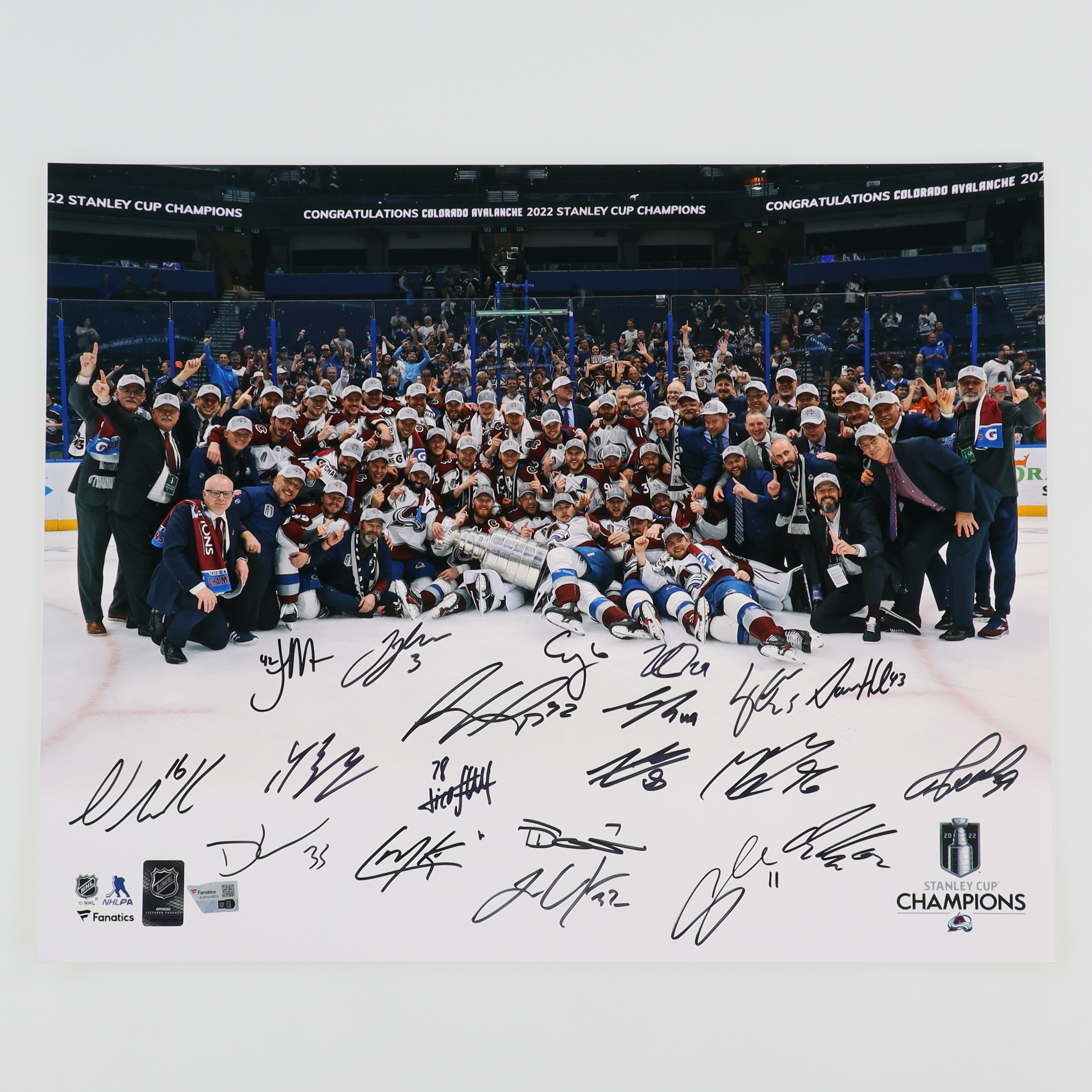 2022 Avalanche 16x20 Team Photo Signed by (20) with Nathan Mackinnon, Cale Makar & Gabriel Landeskog (Fanatics) at PristineAuction.com 2022 Avalanche 16x20 Team Photo Signed by (20) with Nathan Mackinnon, Cale Makar & Gabriel Landeskog (Fanatics) at PristineAuction.com