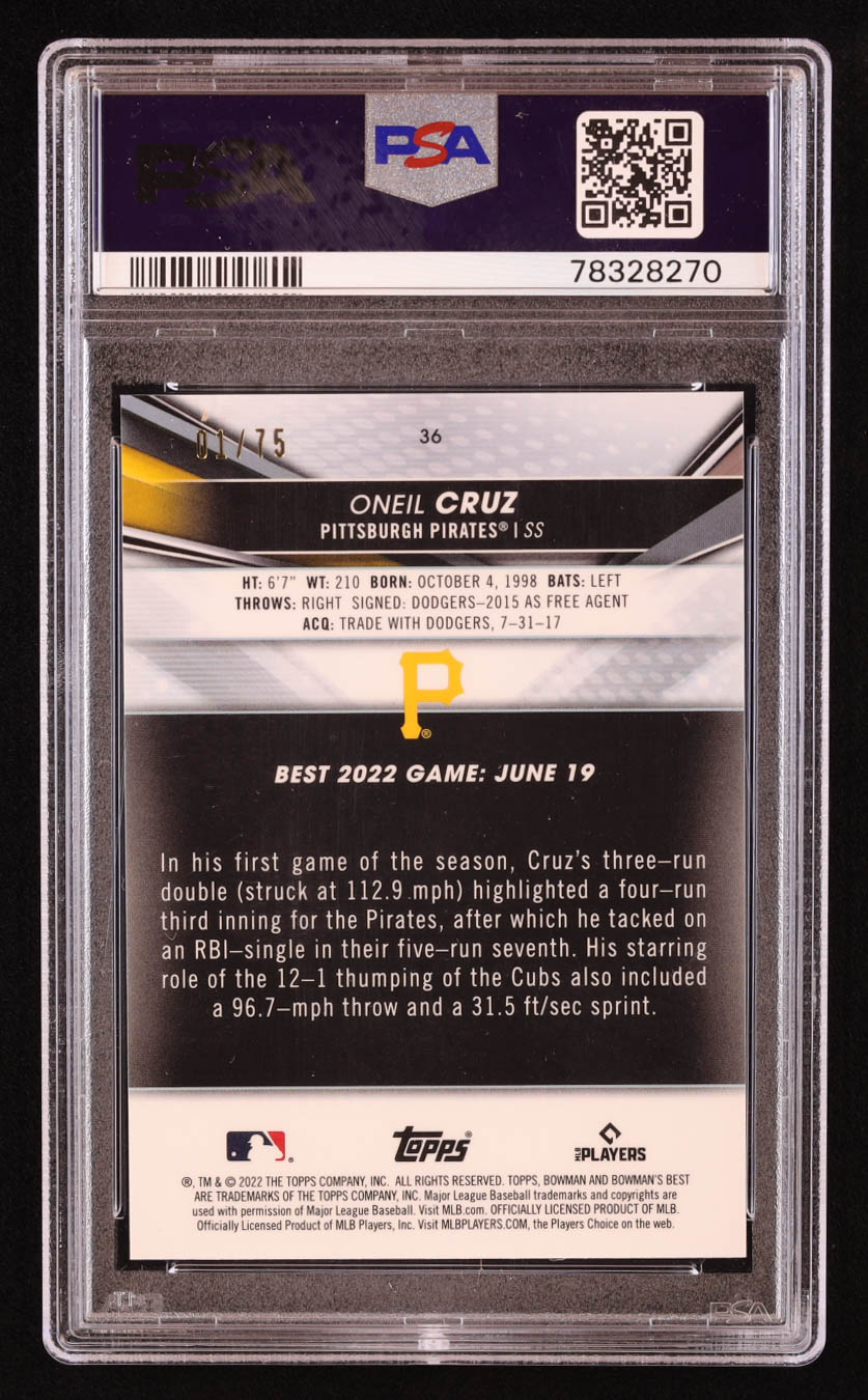 Oneil Cruz 2022 Bowman's Best Gold Lava Refractors #36 RC #01/75 (PSA 9) at PristineAuction.com Oneil Cruz 2022 Bowman's Best Gold Lava Refractors #36 RC #01/75 (PSA 9) at PristineAuction.com