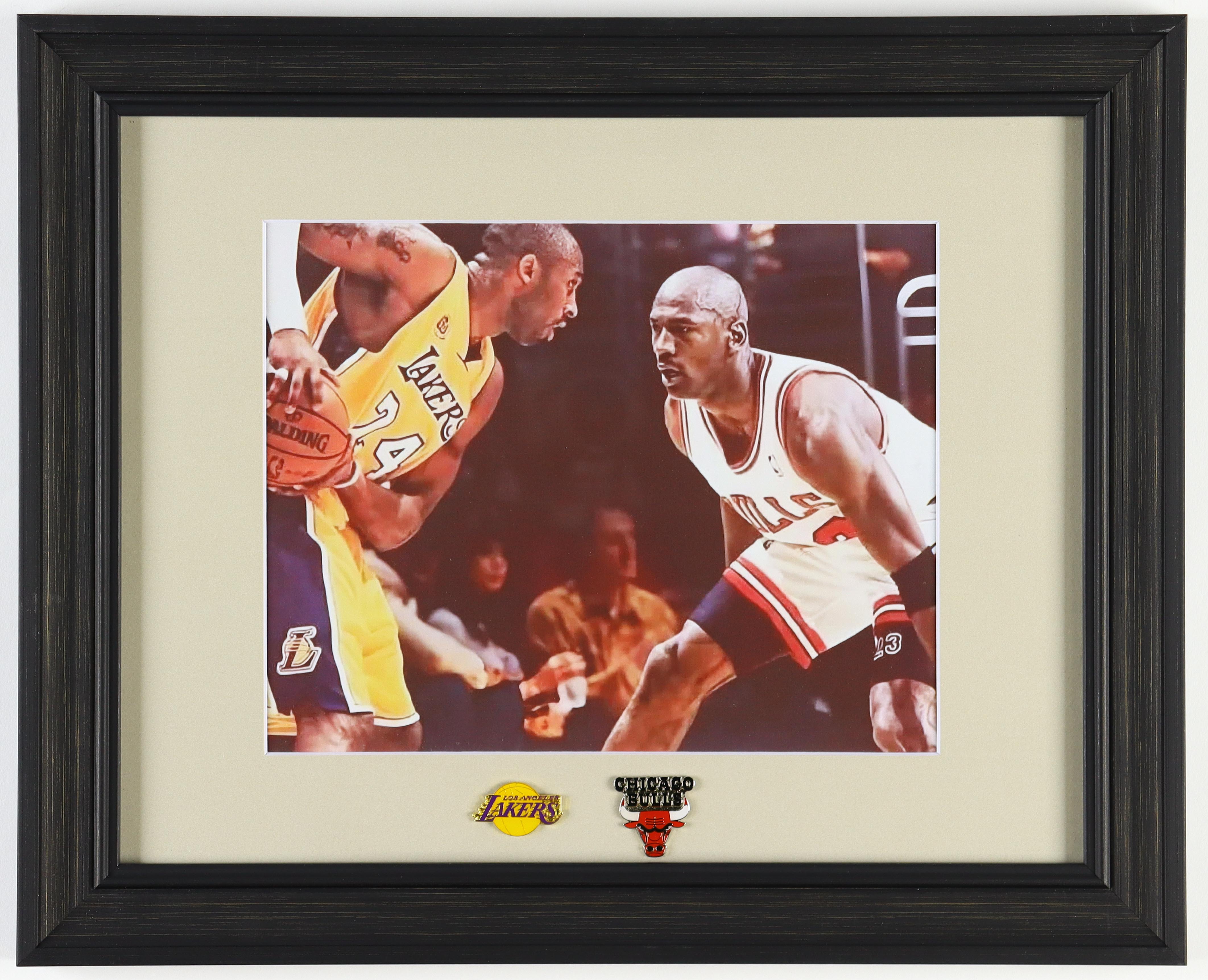 Kobe Bryant & Michael Jordan Custom Framed Photo With Lakers & Bulls Logo Pins at PristineAuction.com Kobe Bryant & Michael Jordan Custom Framed Photo With Lakers & Bulls Logo Pins at PristineAuction.com
