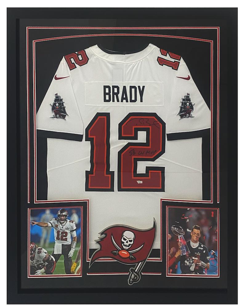 Tom Brady Signed Custom Framed Jersey Display Inscribed "SB LV MVP" (Fanatics) at PristineAuction.com Tom Brady Signed Custom Framed Jersey Display Inscribed "SB LV MVP" (Fanatics) at PristineAuction.com