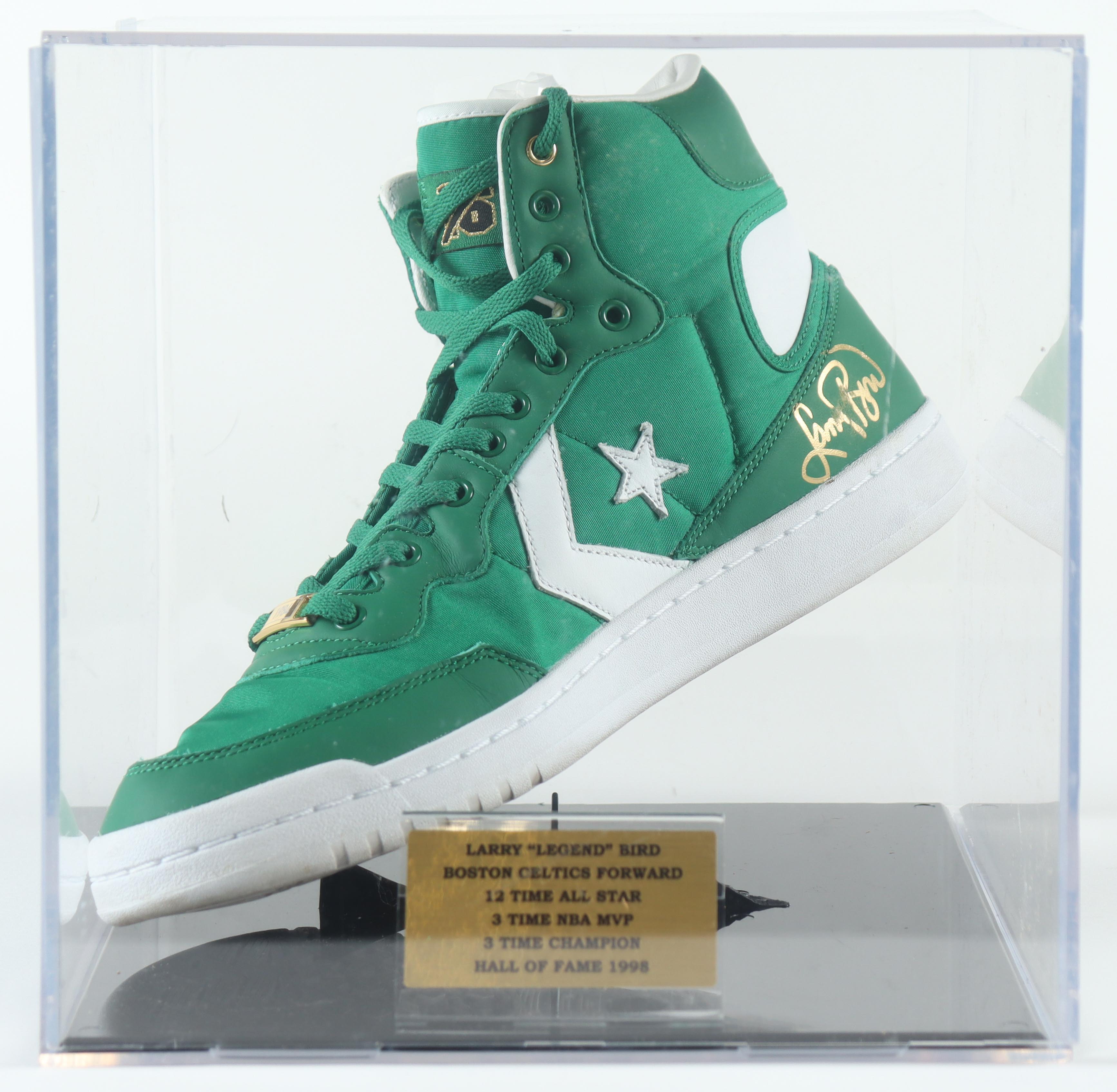 Larry Bird Signed Converse Special Edition 1984 Boston Celtics Championship Basketball Shoe with Display Case (PSA) at PristineAuction.com Larry Bird Signed Converse Special Edition 1984 Boston Celtics Championship Basketball Shoe with Display Case (PSA) at PristineAuction.com
