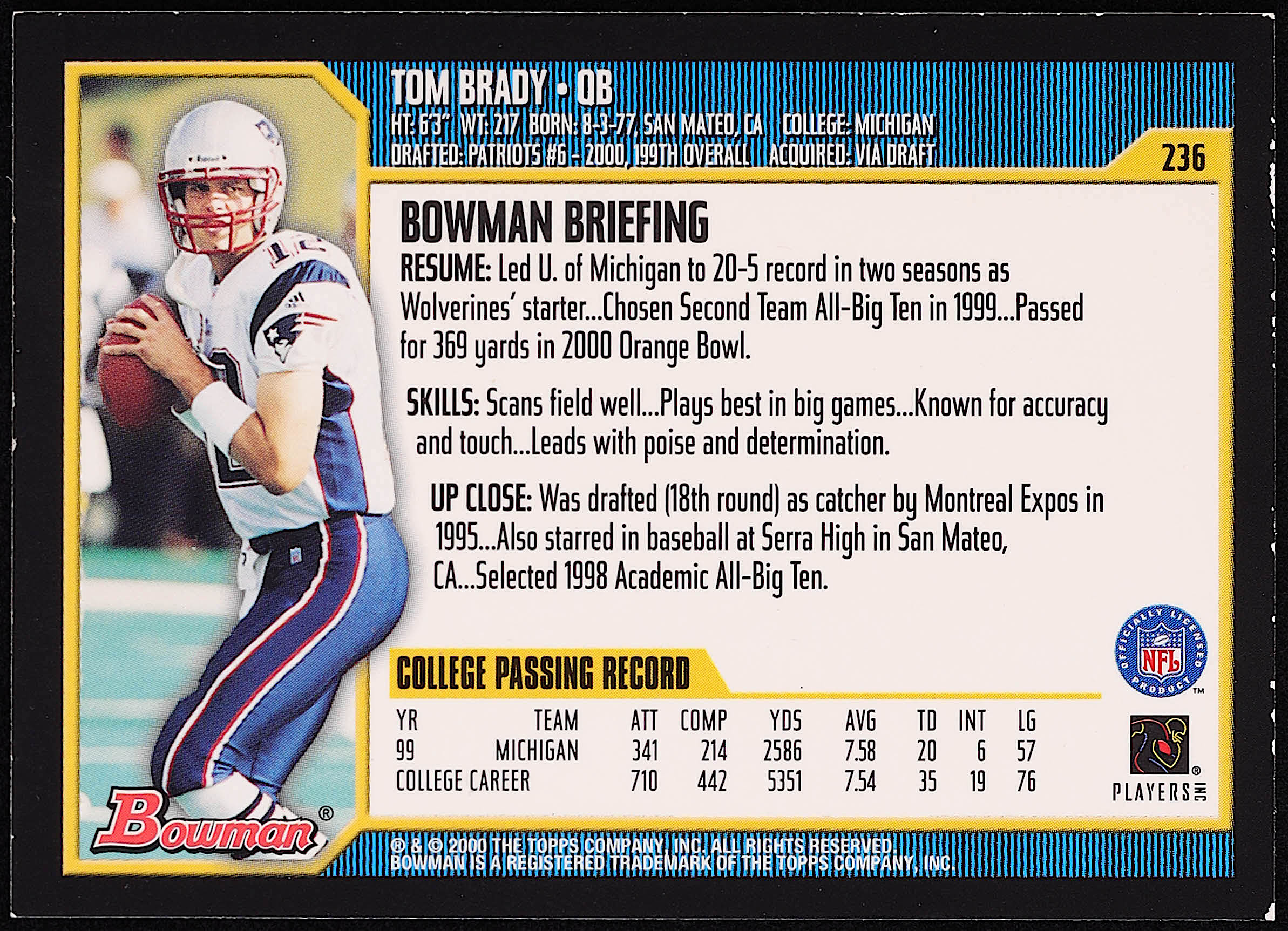 Tom Brady 2000 Bowman #236 RC at PristineAuction.com Tom Brady 2000 Bowman #236 RC at PristineAuction.com