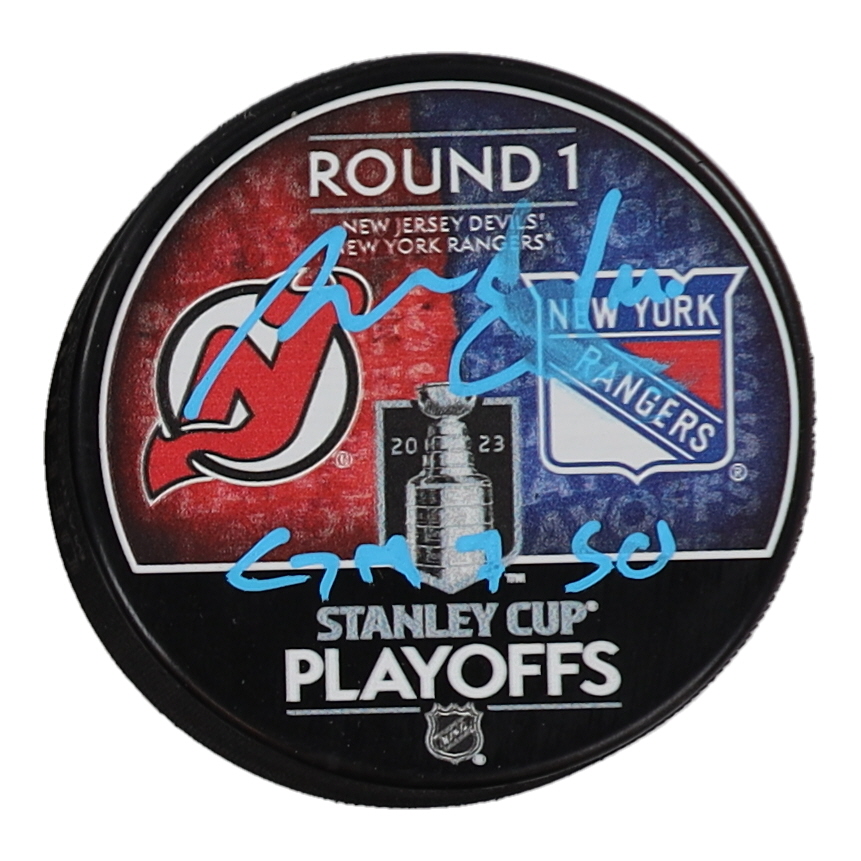 Akira Schmid Signed Golden Knights 2023 Stanley Cup Playoffs Round 1 Hockey Puck Inscribed "GM 7 SO" (Fanatics) at PristineAuction.com Akira Schmid Signed Golden Knights 2023 Stanley Cup Playoffs Round 1 Hockey Puck Inscribed "GM 7 SO" (Fanatics) at PristineAuction.com