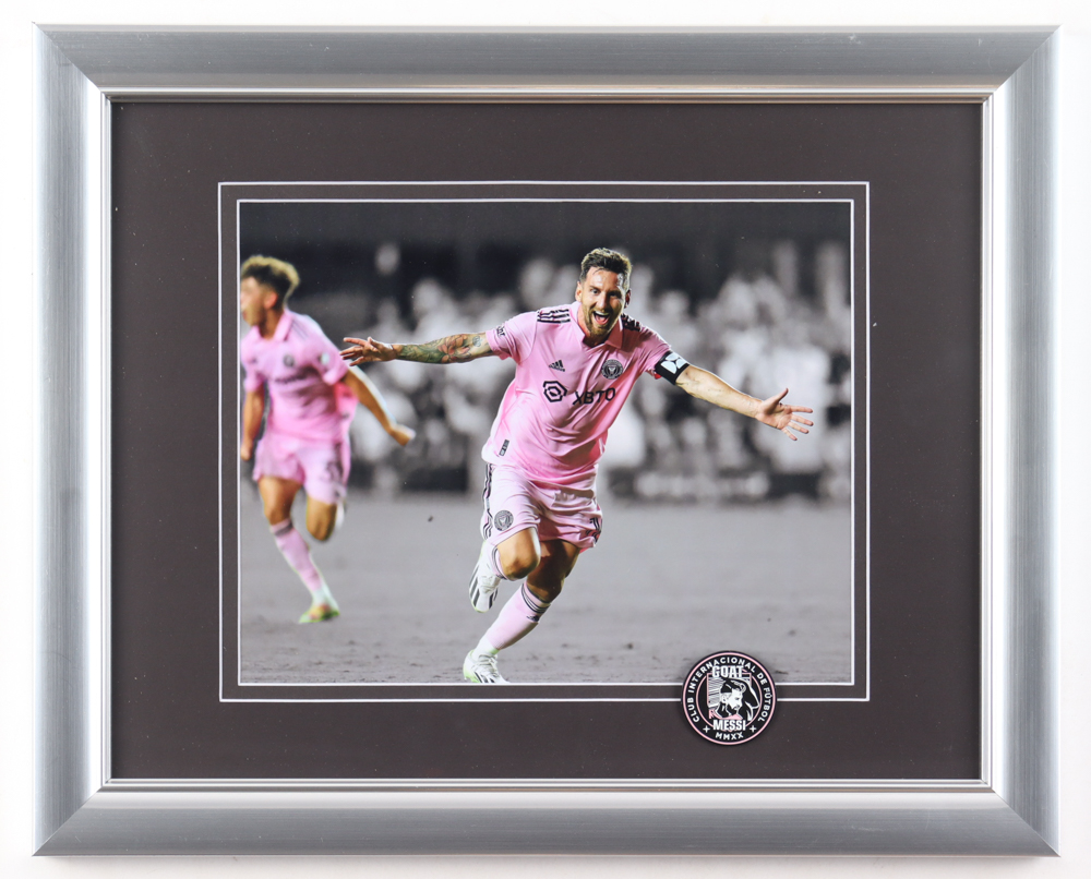 Lionel Messi Inter Miami Custom Framed Photo Display With International Football Club Pin at PristineAuction.com Lionel Messi Inter Miami Custom Framed Photo Display With International Football Club Pin at PristineAuction.com