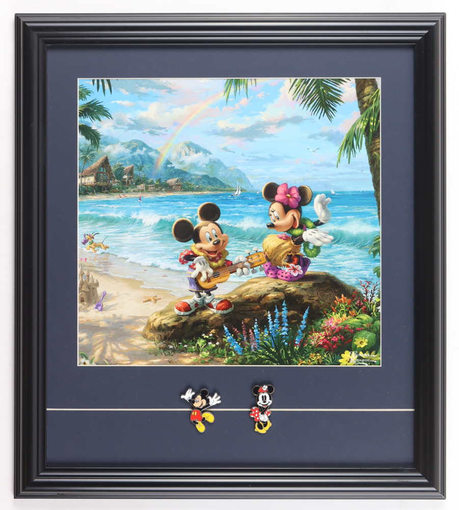 Thomas Kinkade "Mickey and Minnie in Hawaii" Custom Framed Print Display with Set of (2) Disney Mickey & Minnie Mouse Pins at PristineAuction.com Thomas Kinkade "Mickey and Minnie in Hawaii" Custom Framed Print Display with Set of (2) Disney Mickey & Minnie Mouse Pins at PristineAuction.com