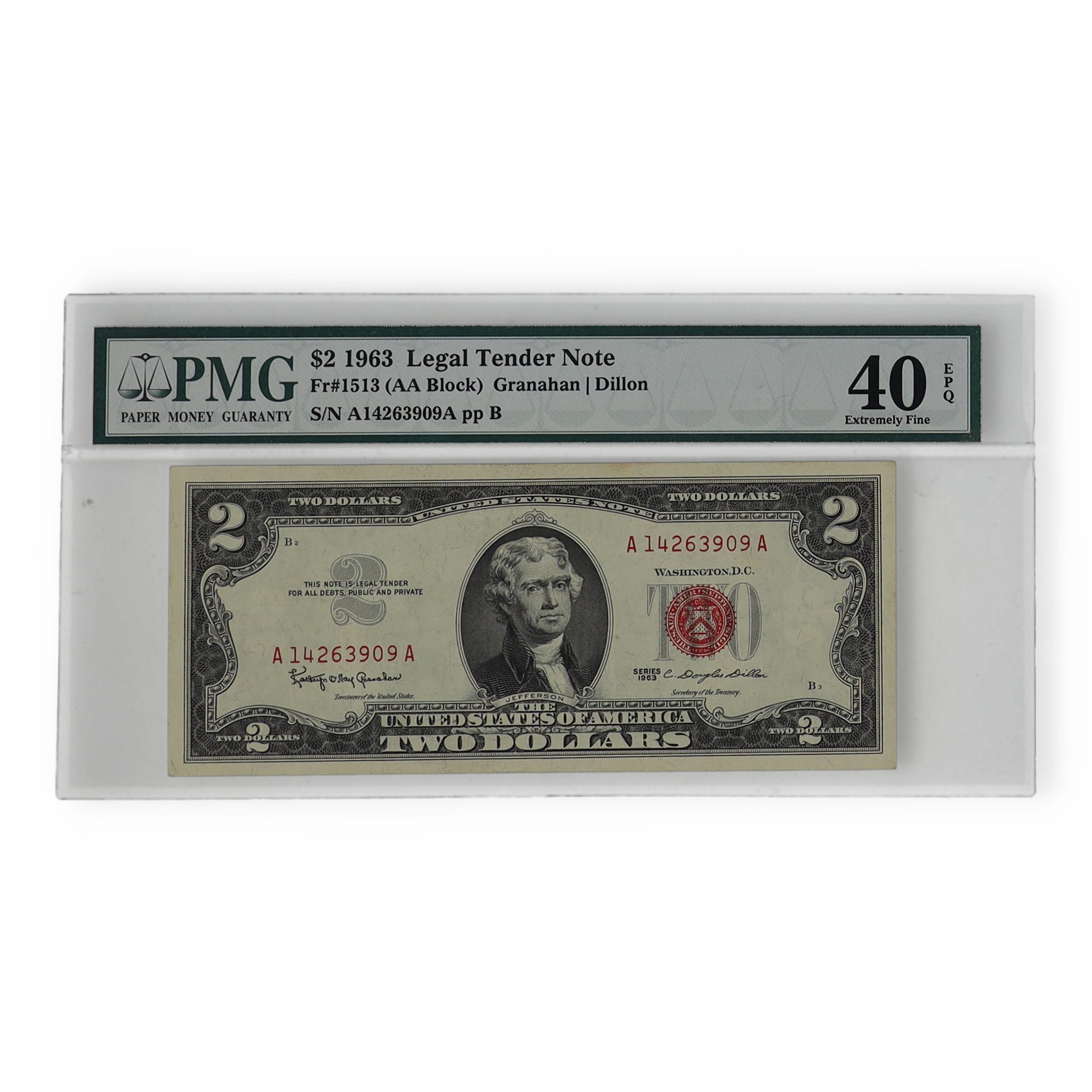 1963 U.S. $2 Legal Tender Note - Red Seal (AA Block) (PMG EF40 EPQ ...