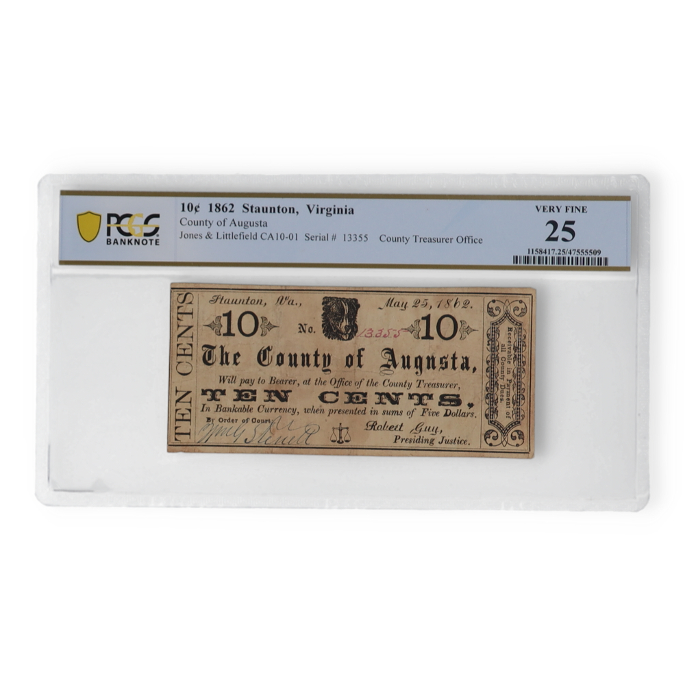 1862 Virginia, Staunton ¢.10 County of Augusta Treasurer Note (PCGS