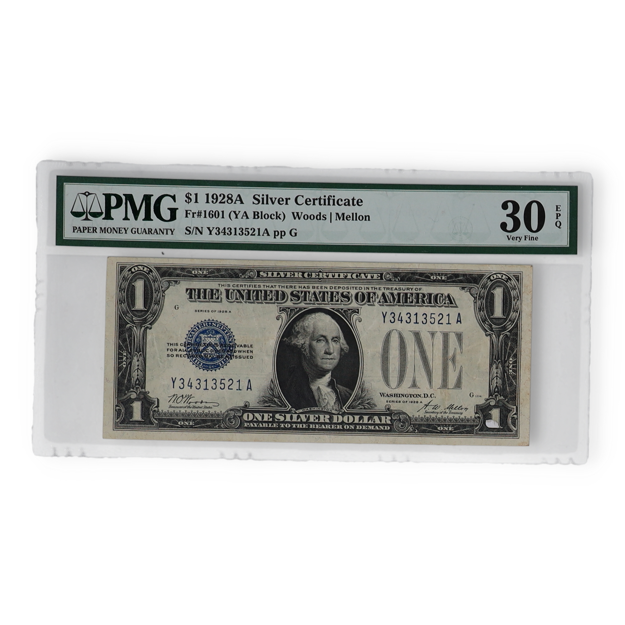 1928-A U.S. $1 One Dollar "Funny Back" Silver Certificate - Woods / Mellon - YA Block (PMG VF30 EPQ) at PristineAuction.com 1928-A U.S. $1 One Dollar "Funny Back" Silver Certificate - Woods / Mellon - YA Block (PMG VF30 EPQ) at PristineAuction.com