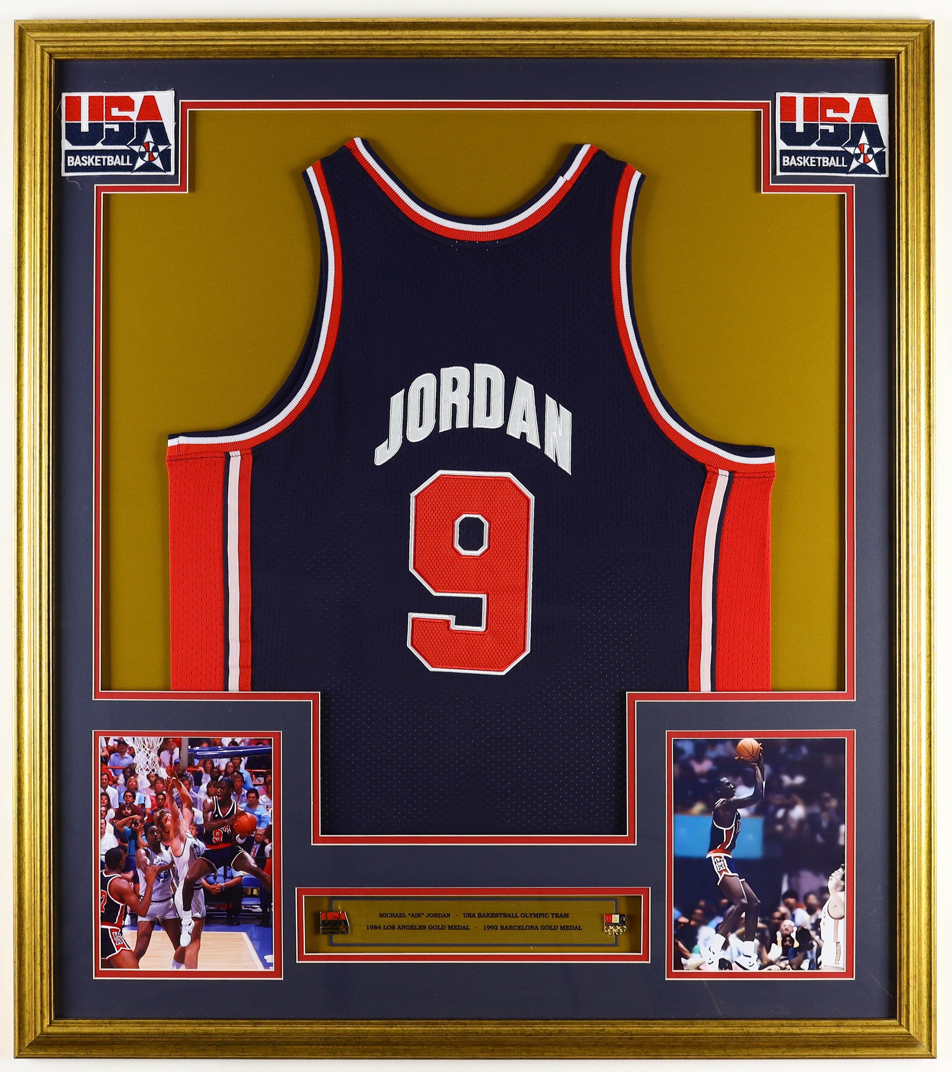 Michael Jordan Team USA Custom Framed Jersey Display With (2) Team USA Basketball Pins at PristineAuction.com Michael Jordan Team USA Custom Framed Jersey Display With (2) Team USA Basketball Pins at PristineAuction.com