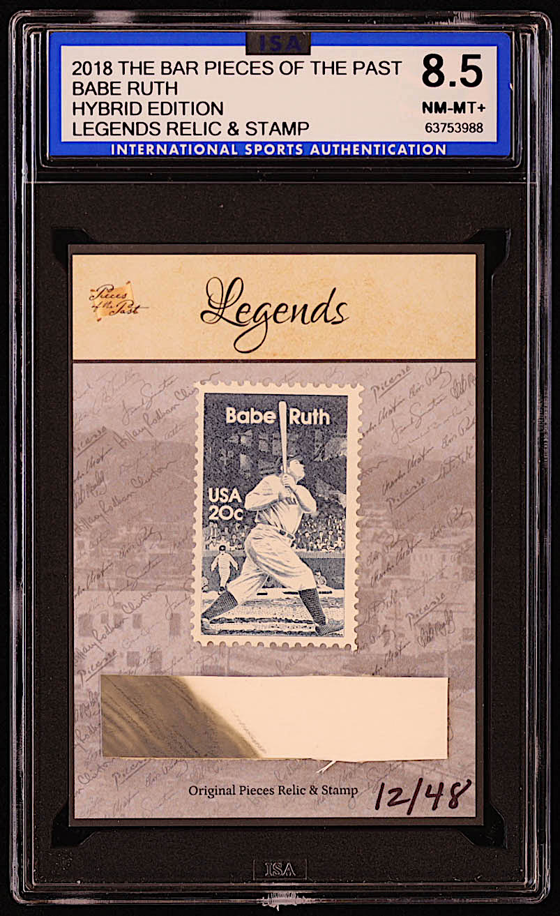 Babe Ruth 2018 The Bar Pieces of the Past Legends Relic & Stamp Hybrid Edition #PRH #12/48 (ISA 8.5) at PristineAuction.com Babe Ruth 2018 The Bar Pieces of the Past Legends Relic & Stamp Hybrid Edition #PRH #12/48 (ISA 8.5) at PristineAuction.com