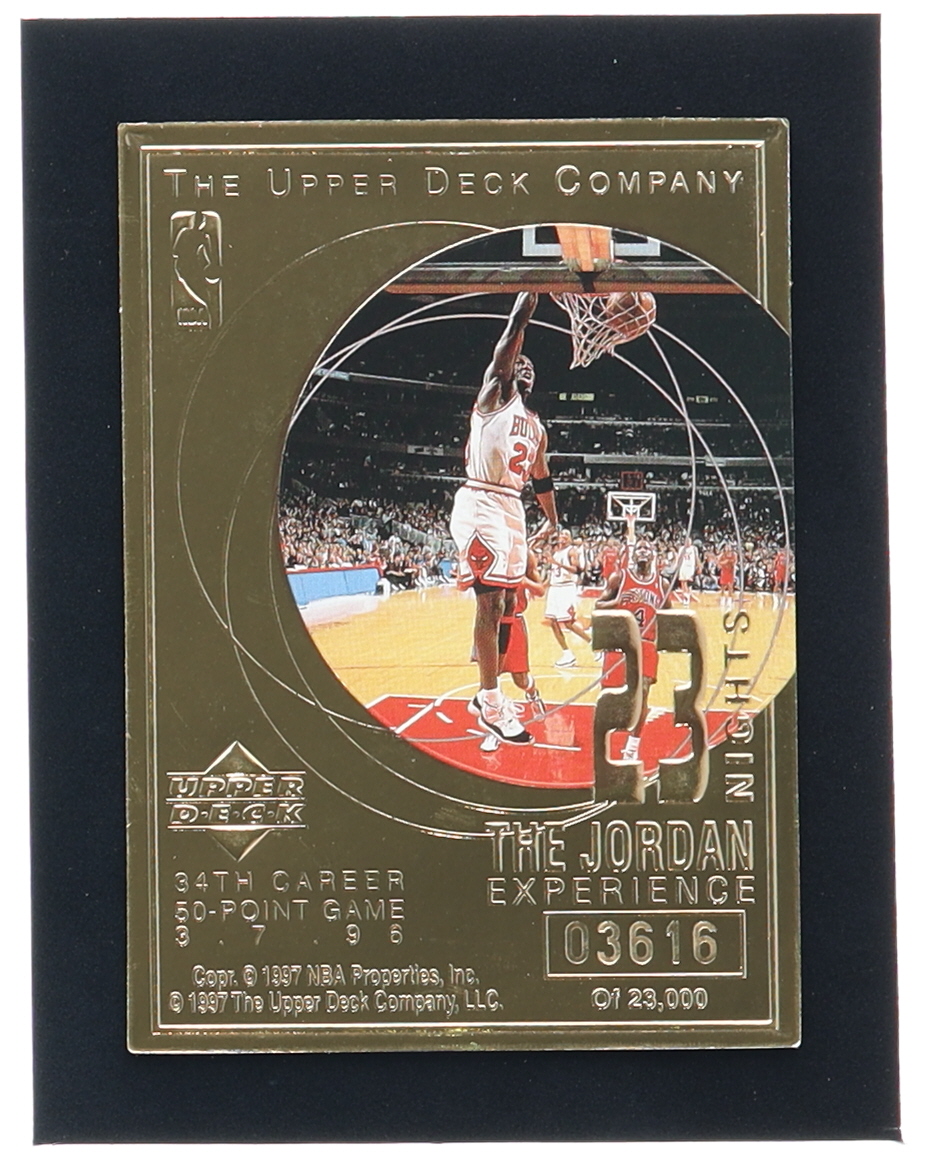 Michael Jordan 1996 Upper Deck 23 Nights The Jordan Experience 22KT Gold Card #/23,000 at PristineAuction.com Michael Jordan 1996 Upper Deck 23 Nights The Jordan Experience 22KT Gold Card #/23,000 at PristineAuction.com