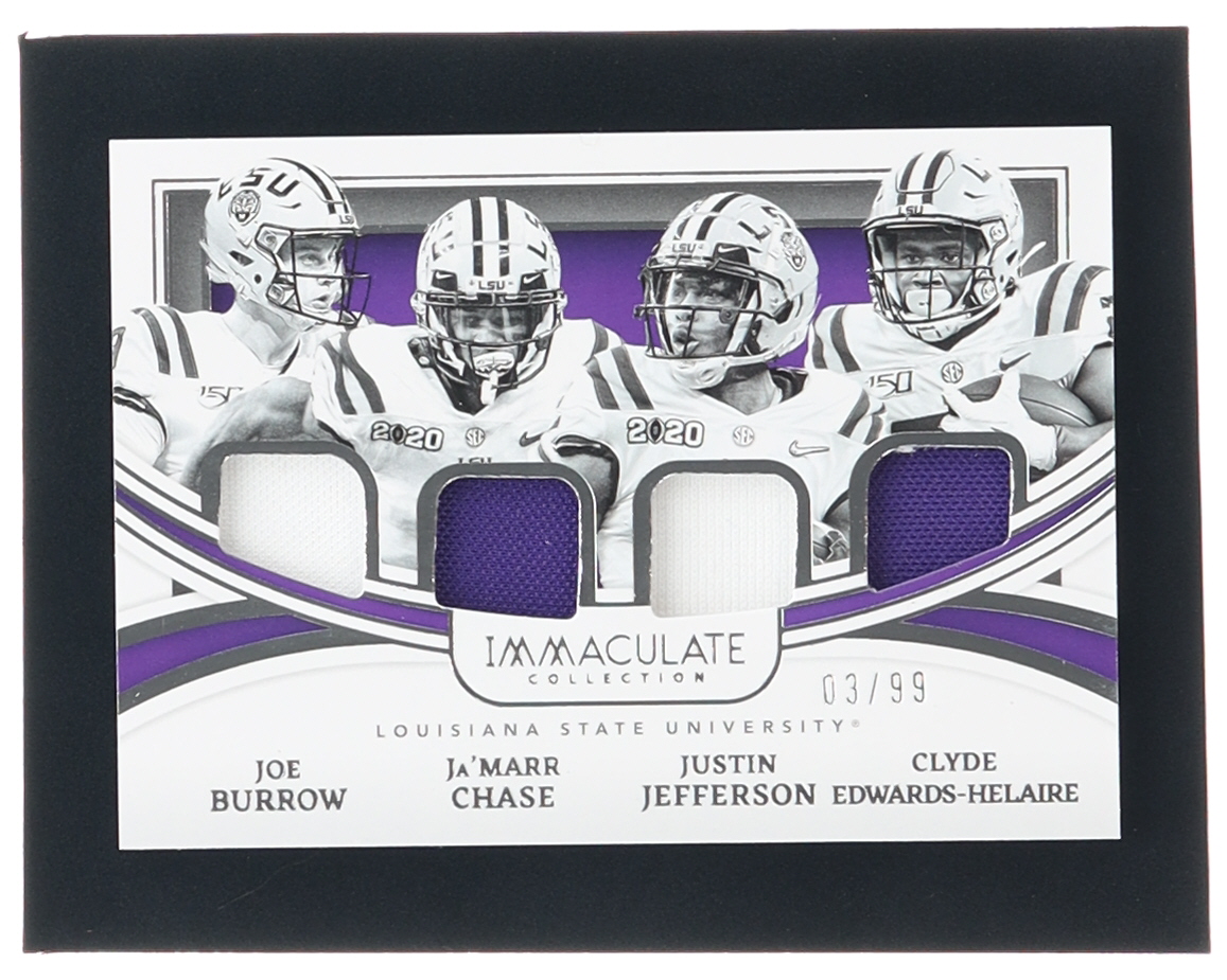 Ja'Marr Chase / Joe Burrow / Justin Jefferson / Clyde Edwards-Helaire 2022 Immaculate Collection Collegiate Immaculate Monuments Materials #4 #03/99 at PristineAuction.com Ja'Marr Chase / Joe Burrow / Justin Jefferson / Clyde Edwards-Helaire 2022 Immaculate Collection Collegiate Immaculate Monuments Materials #4 #03/99 at PristineAuction.com