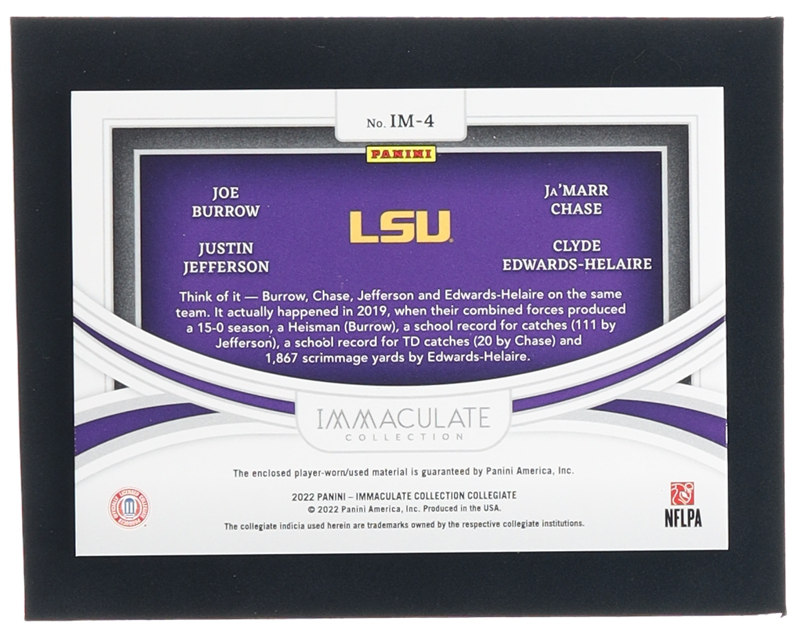 Ja'Marr Chase / Joe Burrow / Justin Jefferson / Clyde Edwards-Helaire 2022 Immaculate Collection Collegiate Immaculate Monuments Materials #4 #03/99 at PristineAuction.com Ja'Marr Chase / Joe Burrow / Justin Jefferson / Clyde Edwards-Helaire 2022 Immaculate Collection Collegiate Immaculate Monuments Materials #4 #03/99 at PristineAuction.com