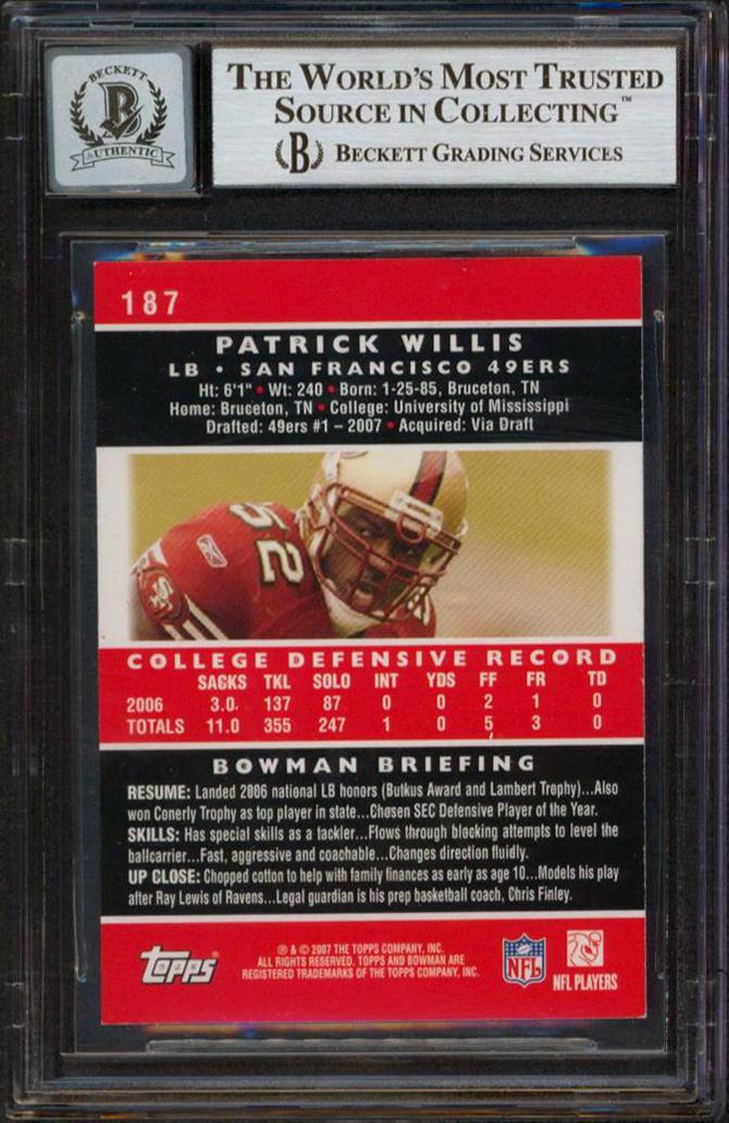 Patrick Willis Signed 2007 Bowman #187 RC (BGS) at PristineAuction.com Patrick Willis Signed 2007 Bowman #187 RC (BGS) at PristineAuction.com