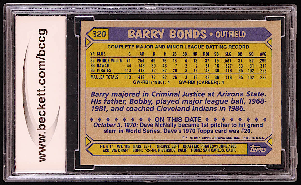 Barry Bonds 1987 Topps #320 RC (BCCG 10) | Pristine Auction