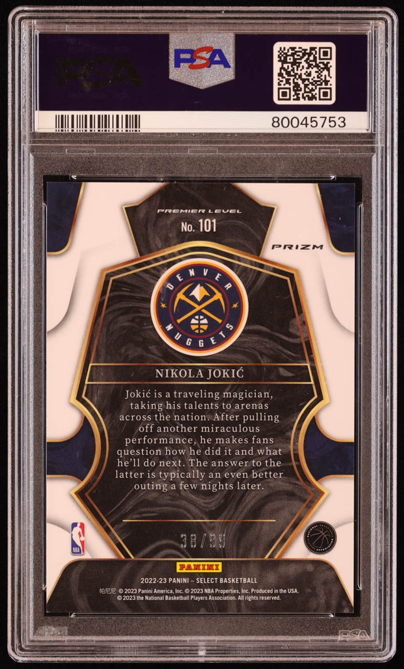 Nikola Jokic 2022-23 Select Prizms Light Blue Disco #101 #38/99 (PSA 9) at PristineAuction.com Nikola Jokic 2022-23 Select Prizms Light Blue Disco #101 #38/99 (PSA 9) at PristineAuction.com